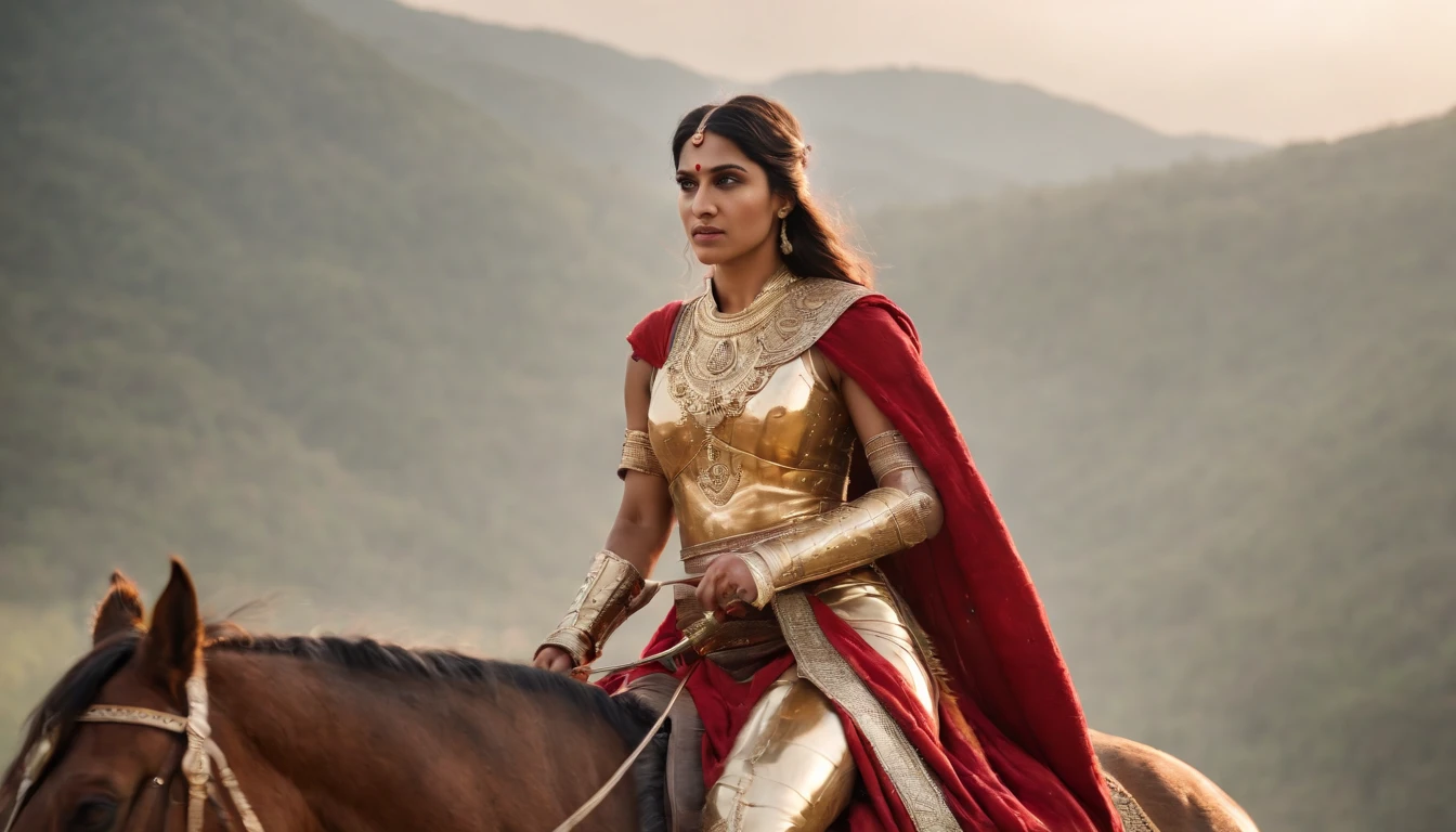 Tall and beautiful Indian princess riding on a steed,Wearing golden armor and red battle robes,Holding a sword,Although badly wounded, she is still fighting