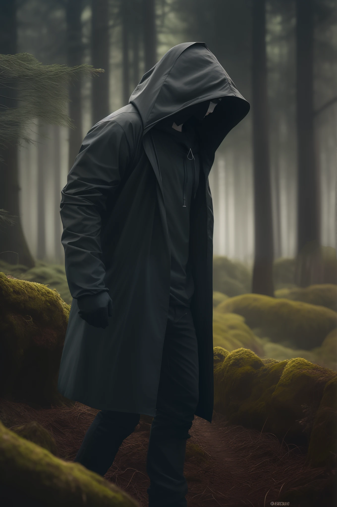 Hooded man in a forest with mossy ground and trees, figura encapuzada surreal, Homem misterioso, figura encapuzada, figura escura encapuzada, vestindo sci - fi capa com capuz, Pessoa encapuzada obscurecida andando, gothic wearing hooded dark cloak, anime exuberante john 8k madeiras, Camuflada, Slenderman na floresta, figuras encapuzadas, vestindo capa preta com capuz