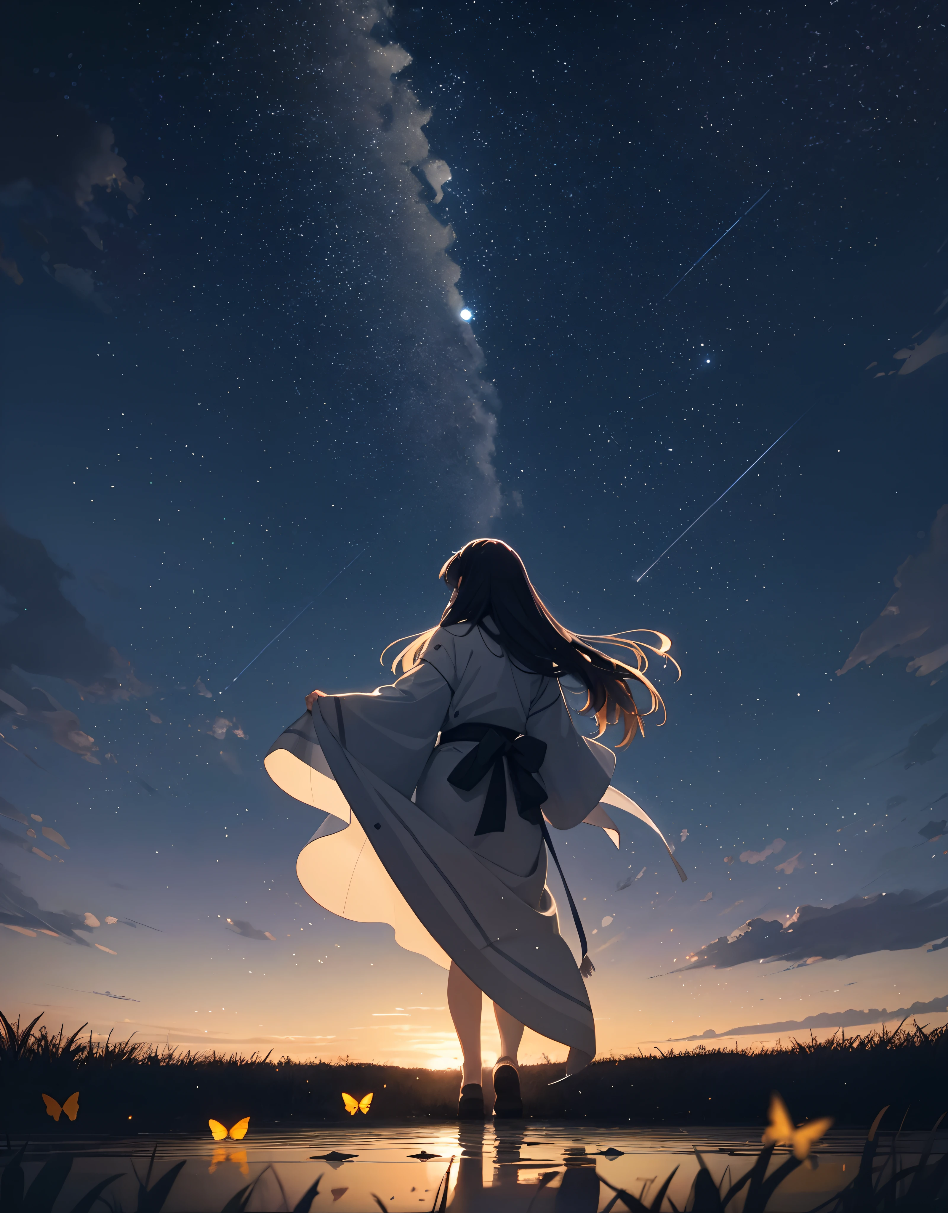 Landscape, Anime landscape field of glow flowers and lots of glow butterfly flying around in the standing back japanese girl with unique long dress, butterfy, lots of glow butterflies, fireflies, very many lots of fireflies, makoto shinkai, kimi no nawa meteor, anime art wallpaper 4k, Top quality masterpiece, deep focus, macro shot, fliying fireflies, lots lamp, falling leaf, falling leaf is a smooth glow light, glow, anime, object, girl (girl walking a long masterpiece) (long object), color combination masterpiece, glow light, dark morning, reflection, beautiful anime scene, japanese concept landscape art, volumetric lighting, bokeh, anime beautiful peace scene, many lots of fliying butterfly glow, pure lanscape, 4k beautiful anime, intricate, elegant, point of interest photography, perfect dark morning landscape anime (masterpiece, side glow lighting, finely detailed beautiful clear dark lanscape), long hair, lots of hair, ray of light, rule of third photography, point of interest photography, perfect landscape color tone, leaf, falling leaf, Fog, saturation glow light, solid sky, wonderful composition
