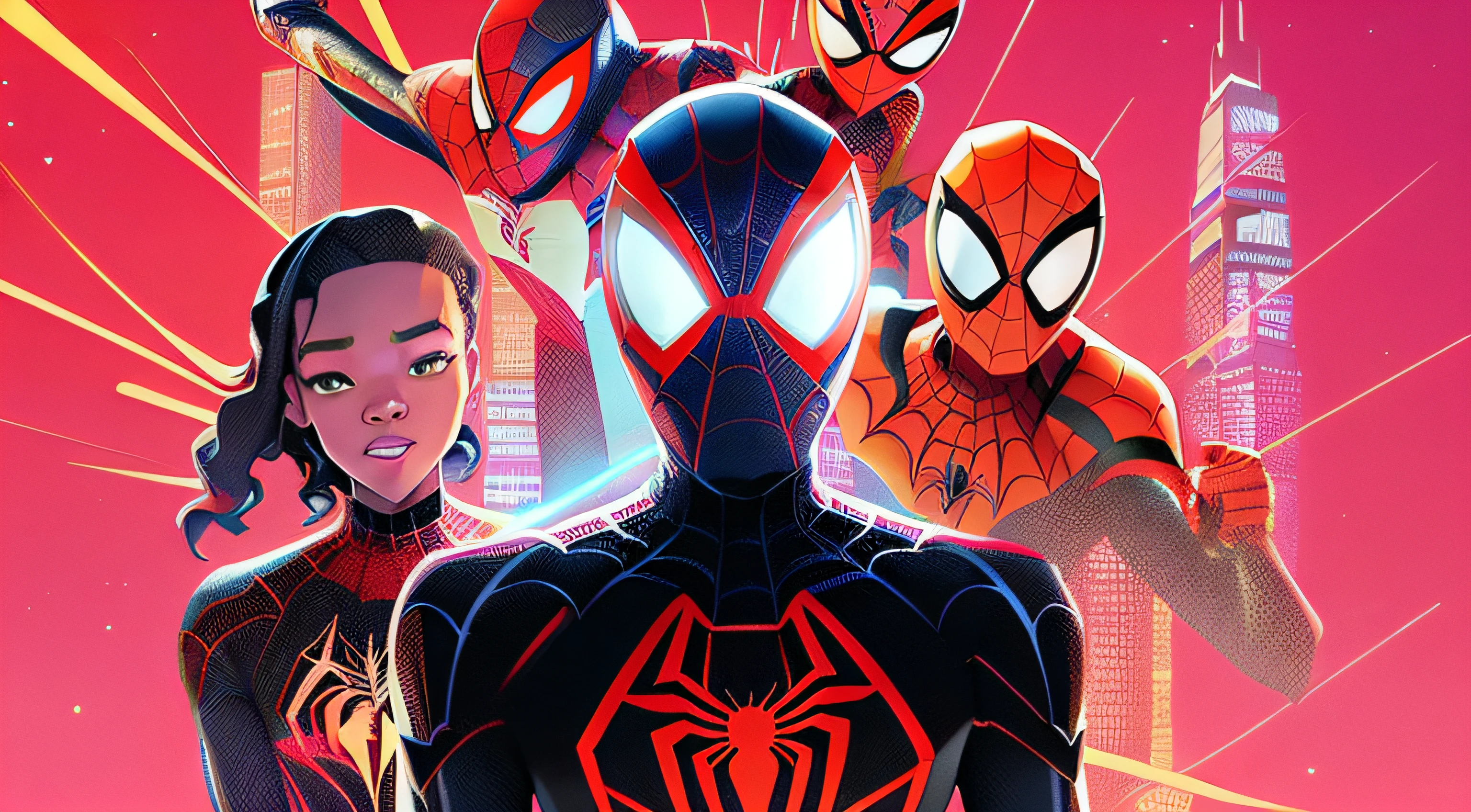 spider - man into the spider - verse poster, spiderverse, into the spiderverse, into the spider verse, spider - verse art style, miles morales, miles morales!!!, donald glover as miles morales, animated film, textless, animated series, spider - man, spider-man, marvel animation, animated movie, medium close - up ( mcu ), cyberpunk