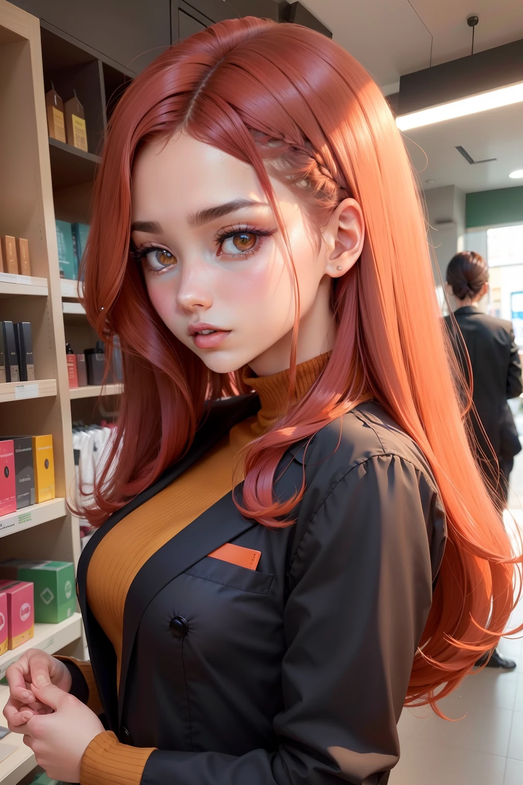 irl,corpo inteiro,cores vibrantes,commanding attention,melhor qualidade,morena,cabelo vermelho,cabelo cortado,rosto bonito,anime,gechin impact, com muitas sacolas de compras.