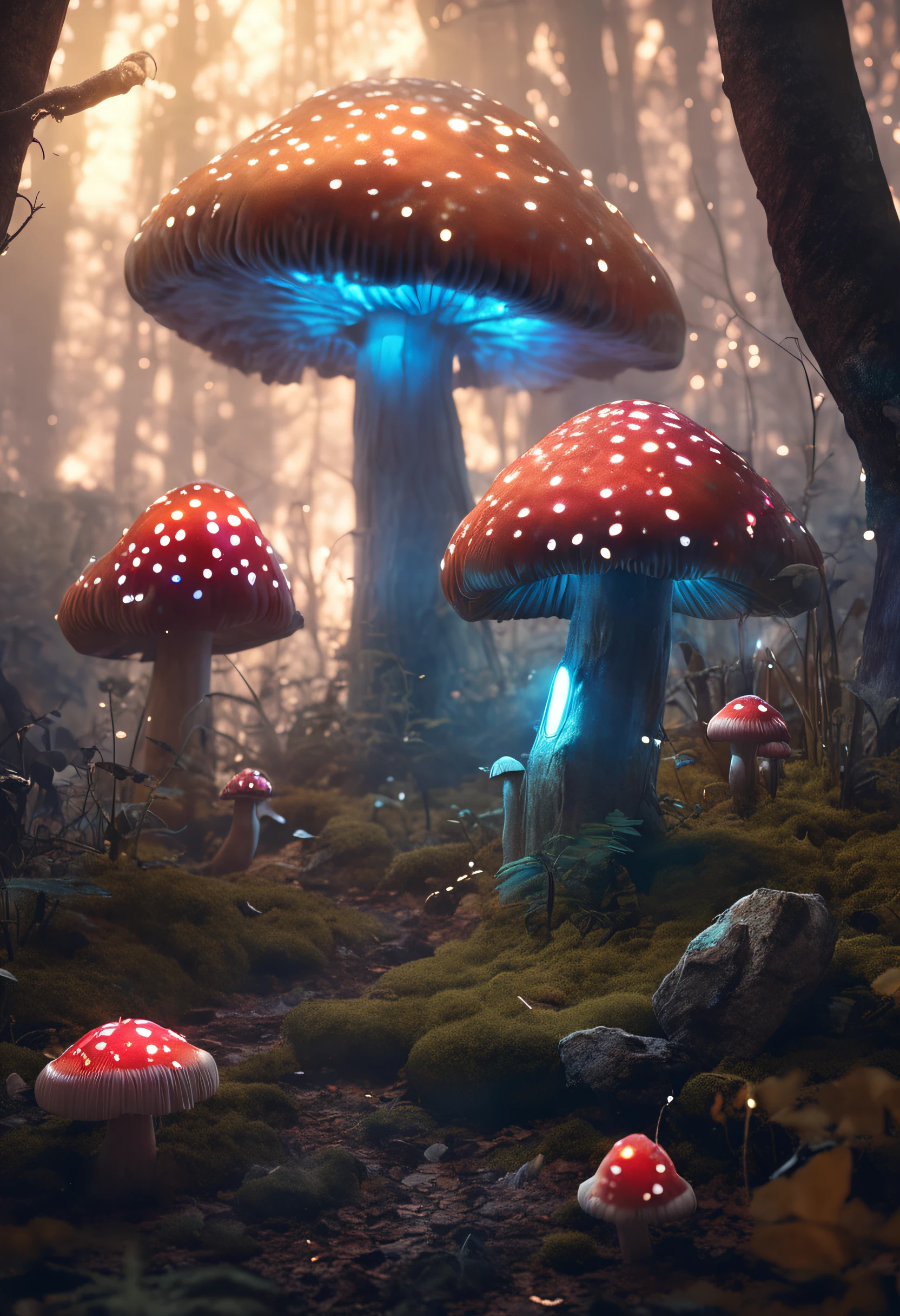 A mystical mushroom forest shrouded in a haze of magic
There are many different giant mushrooms with lights. The forest is full of light and sparks from mushrooms