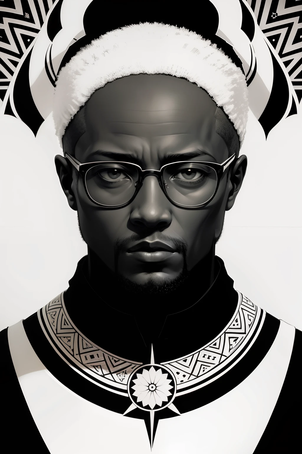 symmetry, one Amílcar Cabral Amílcar Cabral and only facing forward, glare, black and white, white background, no background, stylized ink thin line art, vector, design for tattoo, African pattern horsehair​