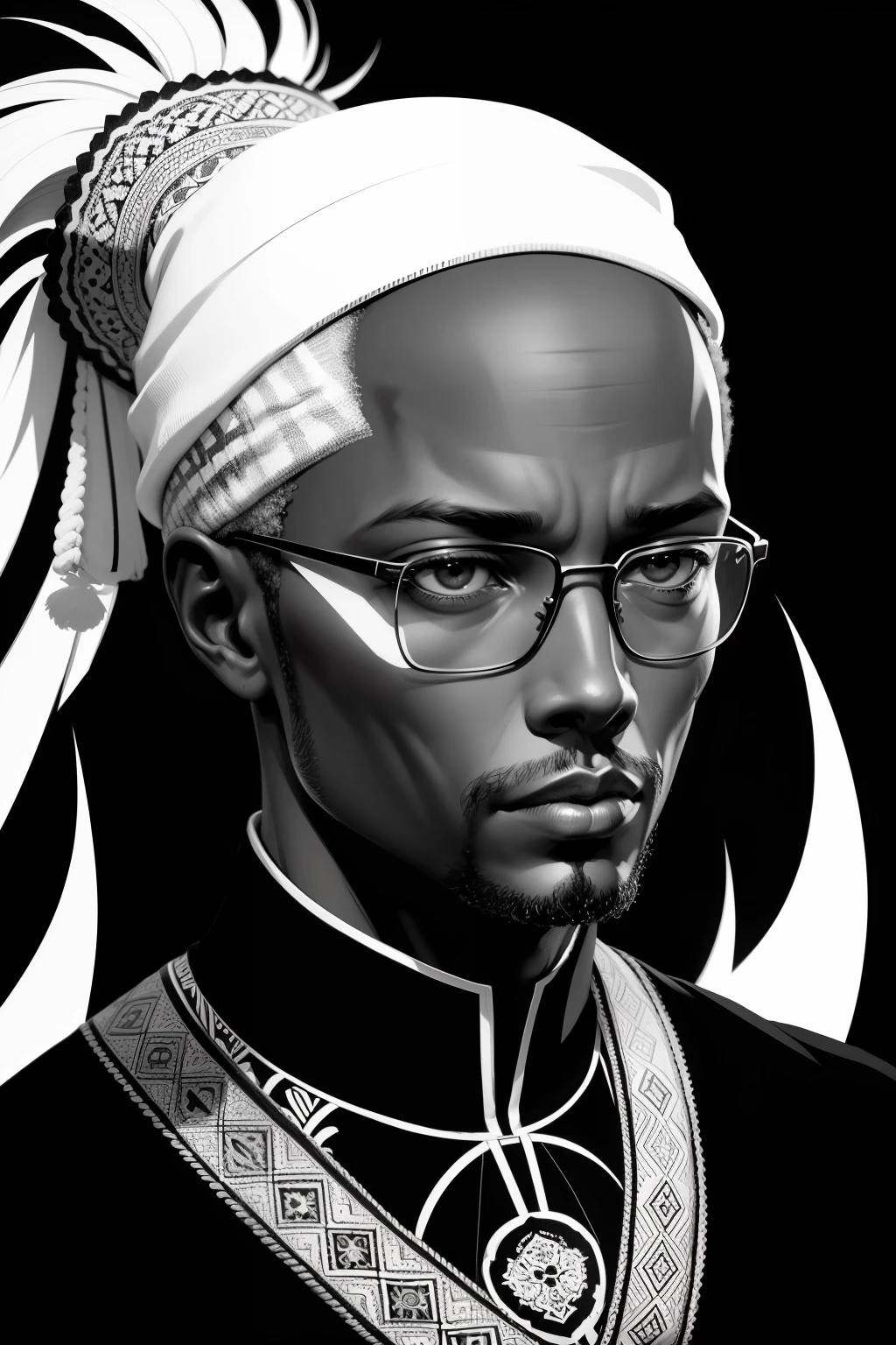 symmetry, one Amílcar Cabral Amílcar Cabral and only facing forward, glare, black and white, white background, no background, stylized ink thin line art, vector, design for tattoo, African pattern horsehair​
