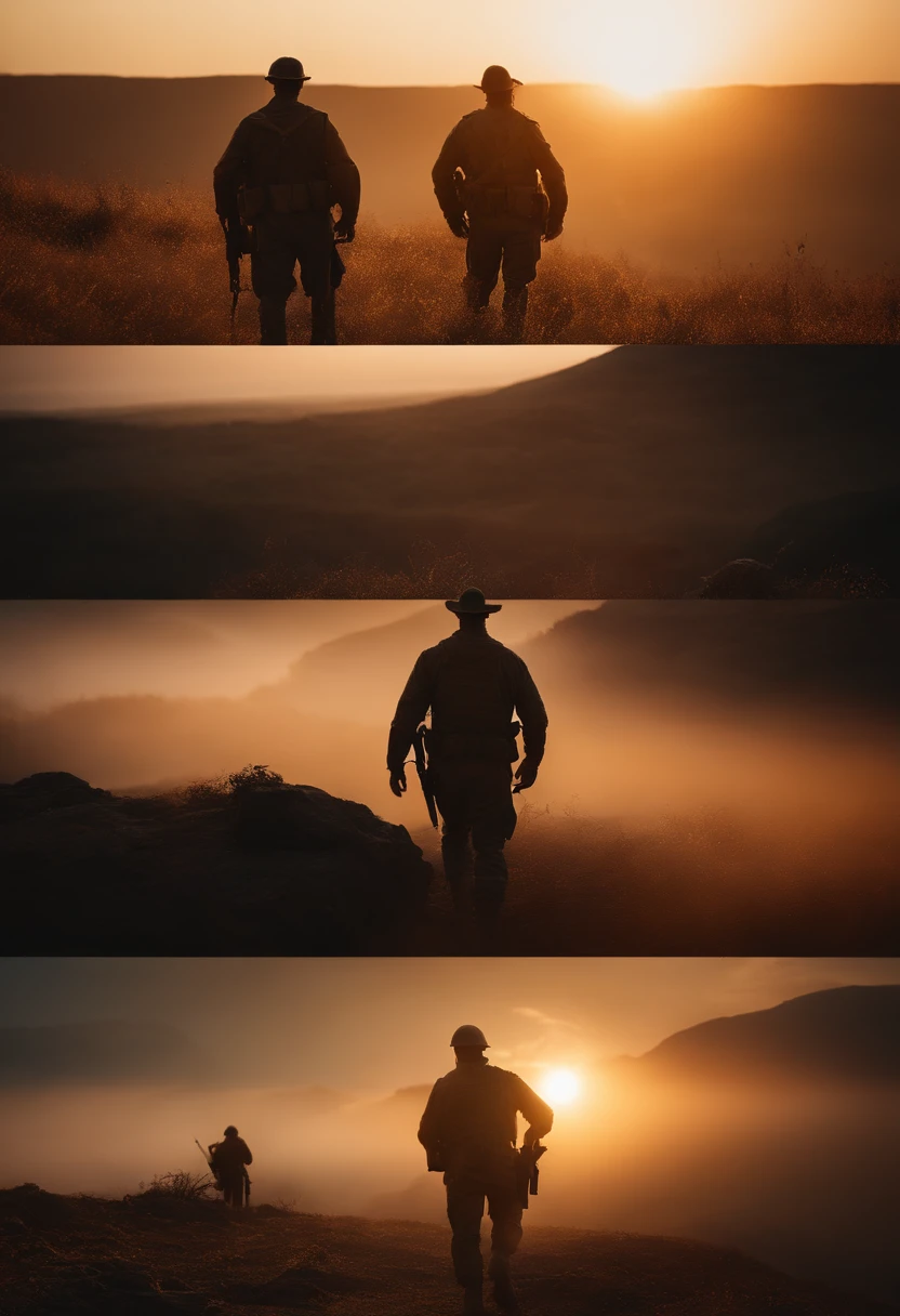 2 soldados segurando uma foice e martelo olhando para o horizonte, por do sol, 4k