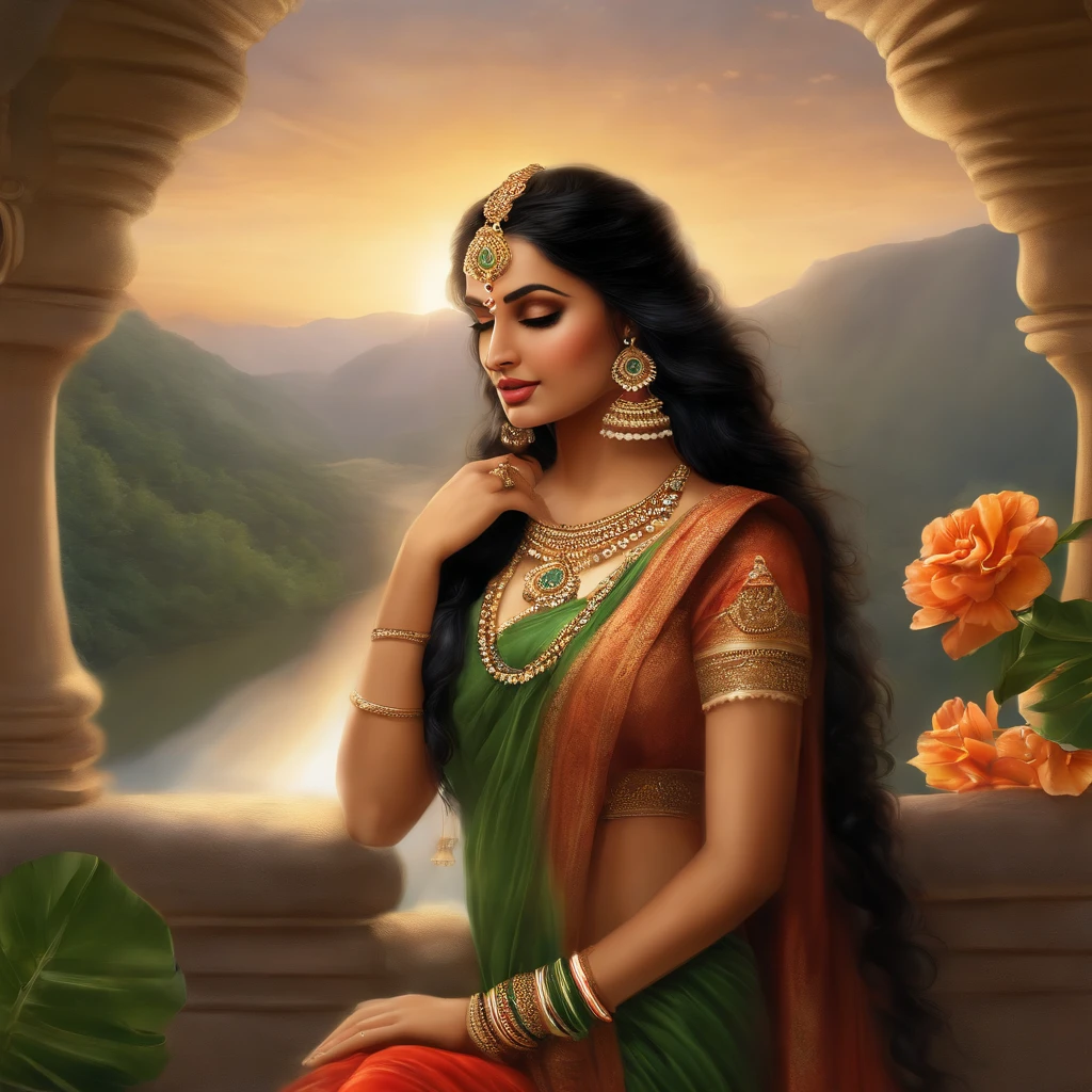 ((realistic:1.5)),((best quality)), ((masterpiece)),((detailed)), (1girl), {a beautiful female wearing a Sari}, (upper body:1.3),super-wide-angle lens,face focus, mature,sexy,toned muscles,long legs,curvy, barefoot, medium breasts, open cleavage, drooping breasts, thick thighs,wide hips, thin legs, green eyes,long black hair,floting hair,long eyelashes, (detailed face,beautiful eye, detailed pupilss,detailed clothes features, clear background:1.3), (Bindi,Jhumkas:1.3), (Armlet, Haar, Payal,Maang Tikka,Jhumkas,Kamarband,Bangles:1.3), mysterious ancient ruin, lush forests, deep canyons,bridge,river,cliff,cloud, lakes,rock,waterfalls, flowers, grass, fog,vine,tree, smoke, best shadow,bright details,sharp,perfect composistion, Intricate, Sharp focus, dramatic, by Frank Frazetta,by Julie Bell,by Olivia De Berardinis,by Luis Royo,by boris vallejo, (specular lighting:1.3),rim light, princesses, royal skimpy underwear, hugging and touching each other, teasing her friend's belly, teasing her friend's buttocks, blushing friend, biting her friend's ear lobe