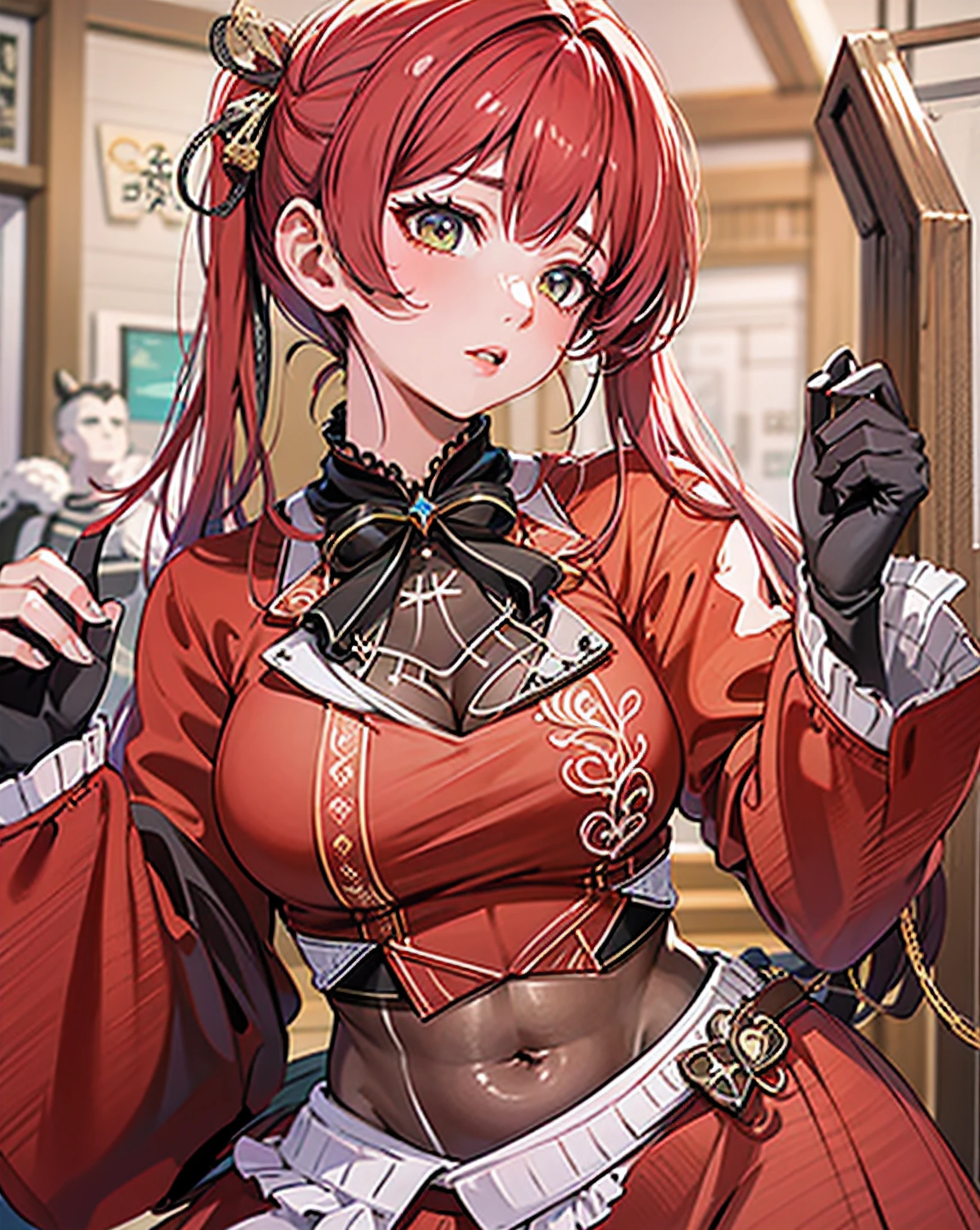 High Frequency: 1.8, background in japanese room detailed, Rich Detail, Masterpiece, 8K, Beautiful Houshou Marine from Hololive, ((extreme detail)),(ultra-detailed), extremely detailed CG unity 8k wallpaper, velvet, figurine, red hood, crop top, star headdress, puffy sleeves, lips, looking away, close-up, head turn, araffe dressed in a red dress and black outfit posing for a picture, anime girl cosplay, anime cosplay, cosplay,vcosplay photo, masterpiece, best quality,8k resolution,realistic,, 1 girl,