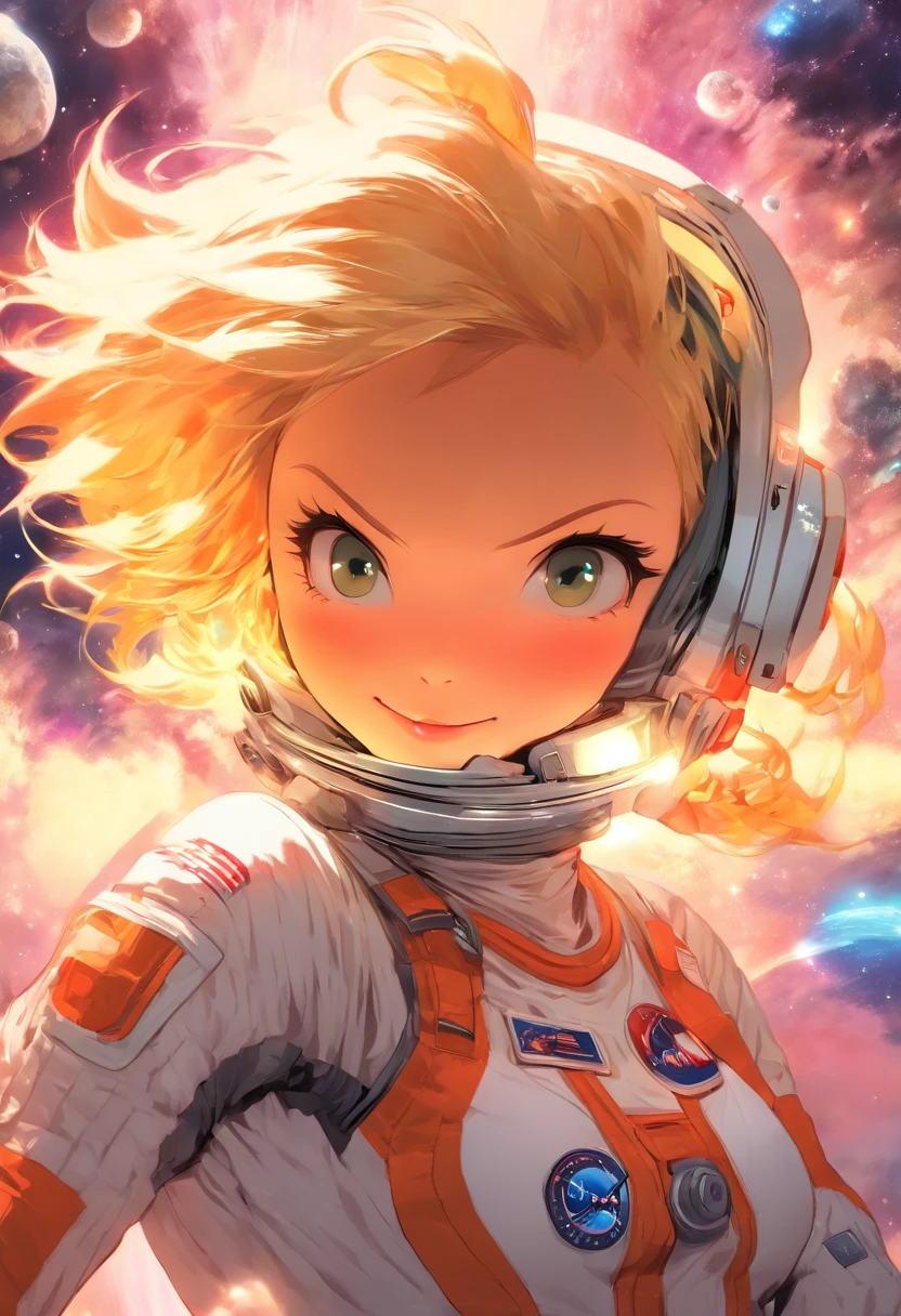 masterpiece、top-quality、The ultra -The high-definition、Top resolution、ighly detailed、profetional lighting、illustratio、(Futuristic spaceship interior interior)、(Inside the space station)、Space passenger aircraft seats、bustshot,1人の女性,(space helmet):1.8,astronaut helmet,(space suits:1.4),(Glossy Latex Silver Bodysuit):1.3,(deadpan:1.5),(real face):1.5,(Blonde Shorthair):1.2,(Yellow hair), Shining hair ornament, head phone,space suits,Colossal tits、(A slight smil:1.0)、pretty skin、