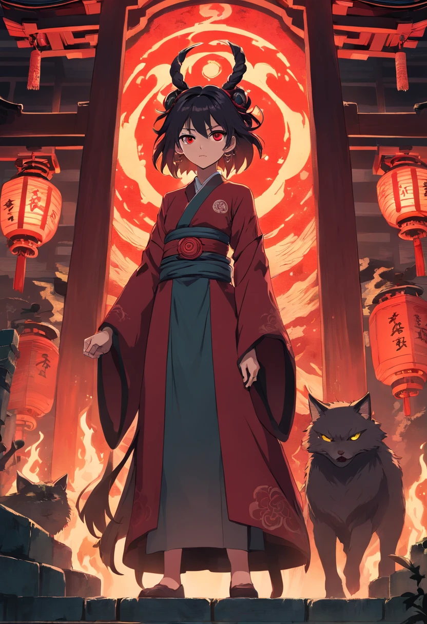 best quality,ultra-detailed,realistic,photorealistic:1.37,Sukuna from Jujutsu Kaisen in front of the malevolent shrine(expansion of domain),demonic atmosphere,dark color tones,ominous lighting,powerful presence,sharp focus,masterpiece:1.2,Japanese anime style,hauntingly beautiful,gloomy ambiance,Edo period influences,ancient supernatural setting,sinister vibe,majestic and intimidating,ominous aura,detailed facial features of Sukuna,elaborate traditional attire,Eye of the Divergent Spectrum,elaborate tattoos,flowing hair,Steampunk-inspired accessories,ominous Kanji characters,hint of ethereal supernatural power,imposing stance and posture,mysterious mist enshrouding the shrine,ominous red and black color palette,haunting eyes with a fiery glow,intense confrontation between Sukuna and the malevolent spirits,evocative and captivating composition,hauntingly atmospheric backdrop,stark contrast between light and shadow,vivid and dramatic colors,dynamic action unfolding in the foreground,mysterious symbols and designs decorating the shrine,feeling of tension and danger.