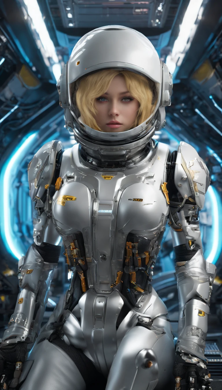 masterpiece、top-quality、The ultra -The high-definition、Top resolution、ighly detailed、profetional lighting、illustratio、(Futuristic spaceship interior interior)、(Inside the space station)、Space passenger aircraft seats、bustshot,1人の女性,(space helmet):1.8,(space suits:1.4),(Glossy Latex Silver Bodysuit):1.3,(deadpan:1.5),(real face):1.5,(Blonde Shorthair):1.2,(Yellow hair), Shining hair ornament, head phone,space suits,Colossal tits、(A slight smil:1.0)、pretty skin、