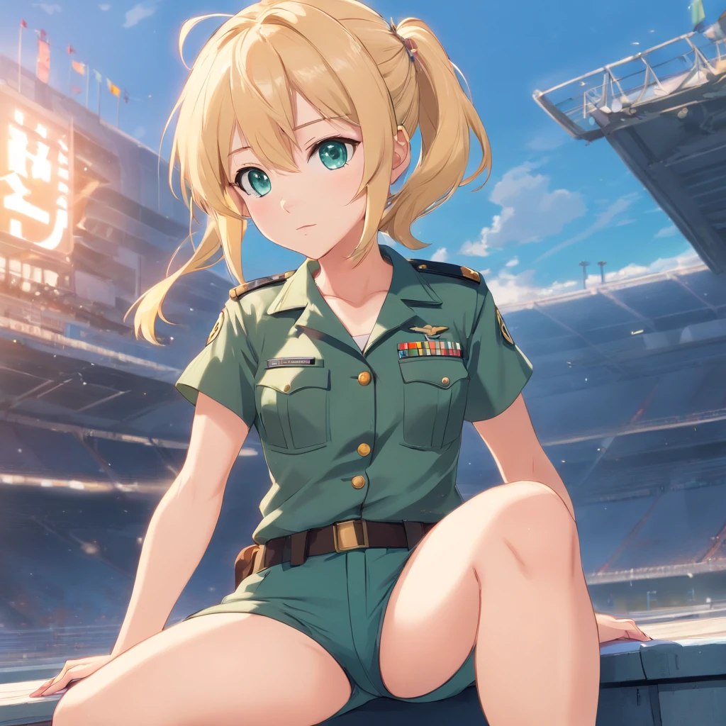 military uniform, a with, blonde hair, cold blue eyes, fairy-like face,ill, pale complexion, full body, green pants , long pants, tanya degurechaff, thick thighs, erotic, sexy, (((small breasts))) (huge ass) ((big butt)), side view