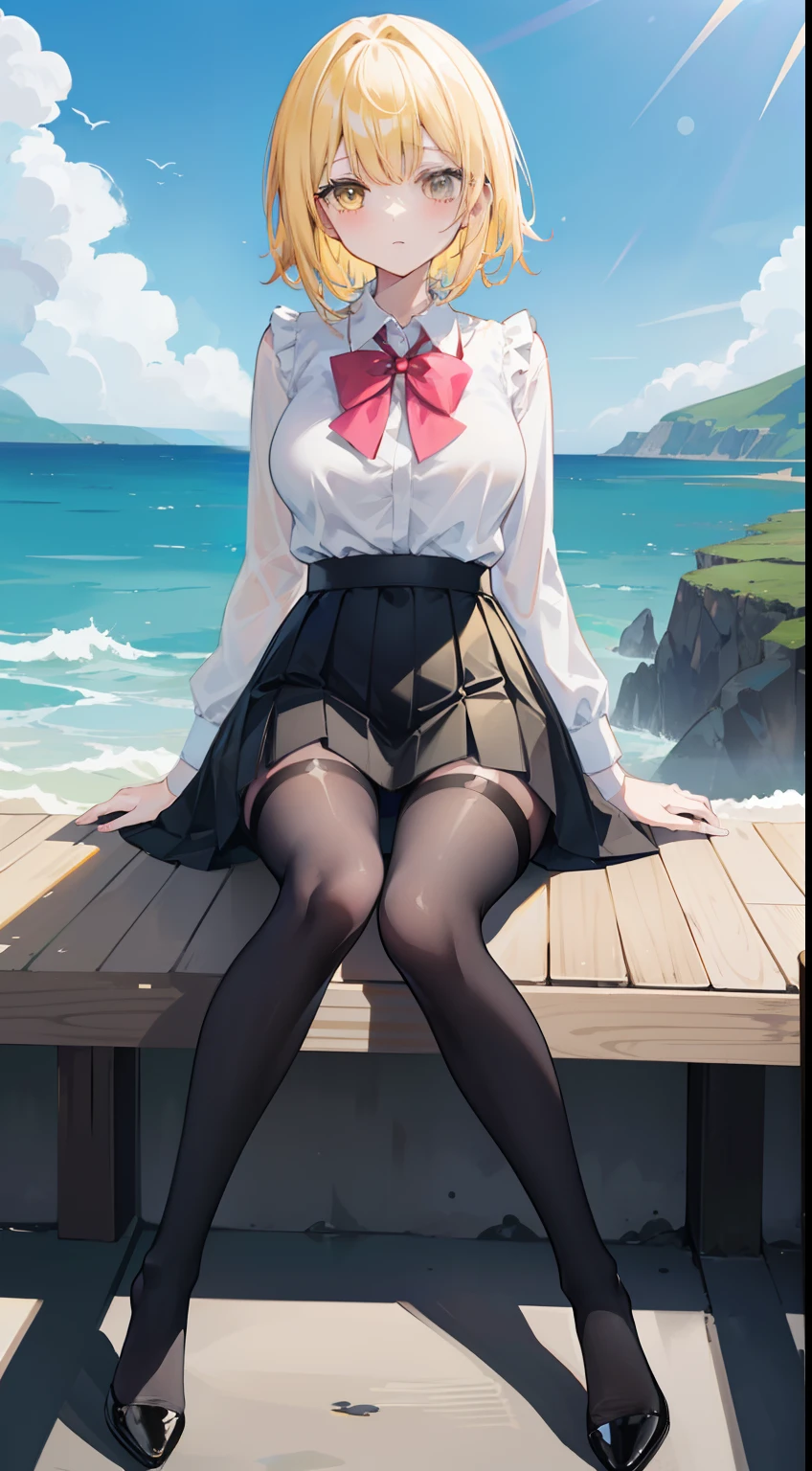 masutepiece（（tmasterpiece）），（White collar blouse），（（Black Microskirt）），（black transparent stockings），adolable，is shy，（Long yellow）red bowtie，long legged，（By the sea），（Facing the sea），open navel，No shoes on, short blonde hair, Wearing high-heeled boots