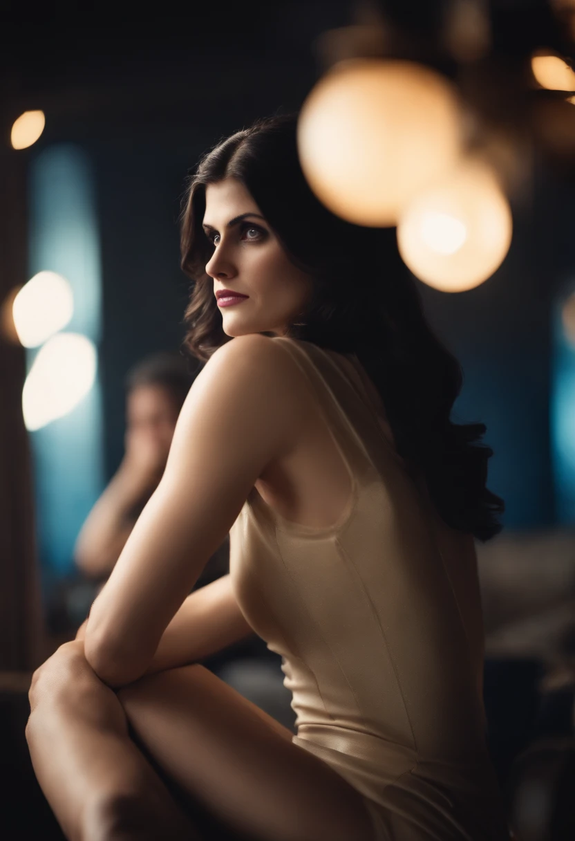 The petite young woman looks horrified and has a surprised expression on her face. After waking up, elle remarque, that her breasts became enormously large overnight. His whole body can be seen. brune, corps parfait