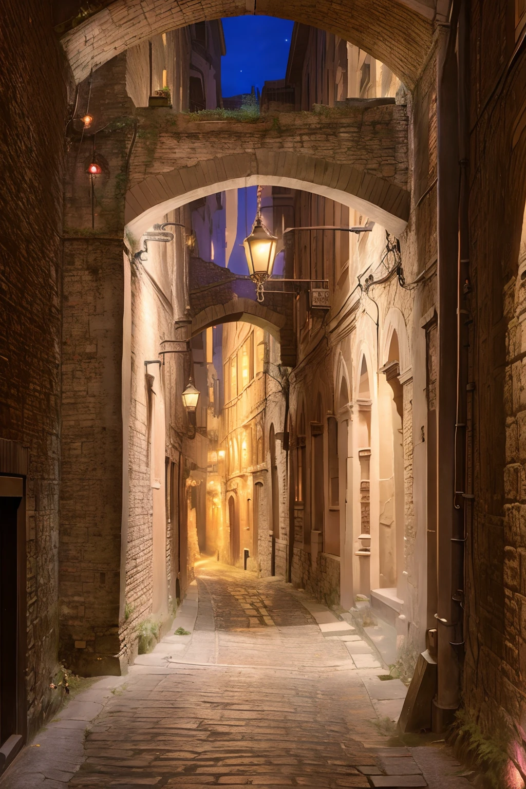 an ancient road in the city center at evening with lights, steampunk and neons everywhere, buttresses, photograpy hyperrealism, ivy climbing on walls