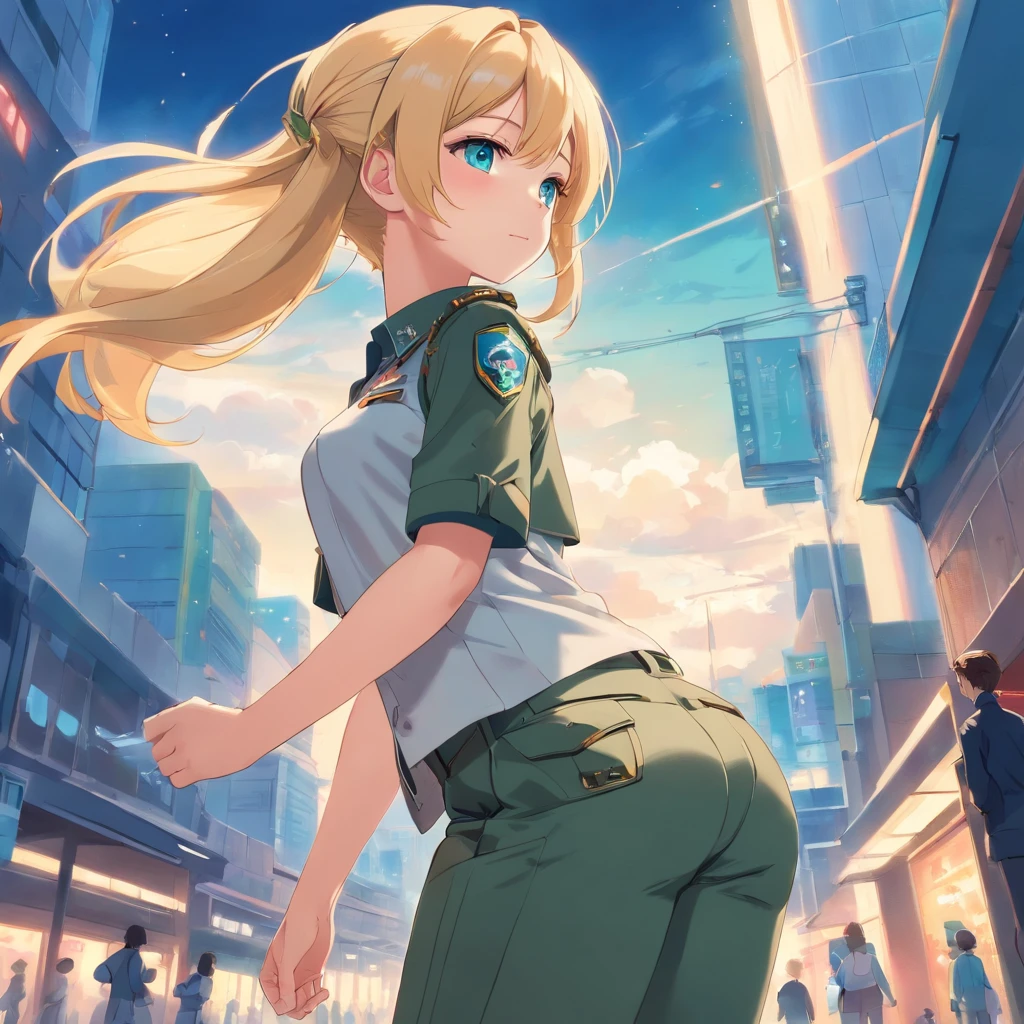 Military uniform, and little girls, Blonde hair, Cold blue eyes, Fairy-like face,disease, pale complexion, Full body, Green pants , Long pants, Tanya Degurechaff, thick thighs, Erotic, Sexy, (((Small breasts))) (Huge ass) ((Big butt)), Side view