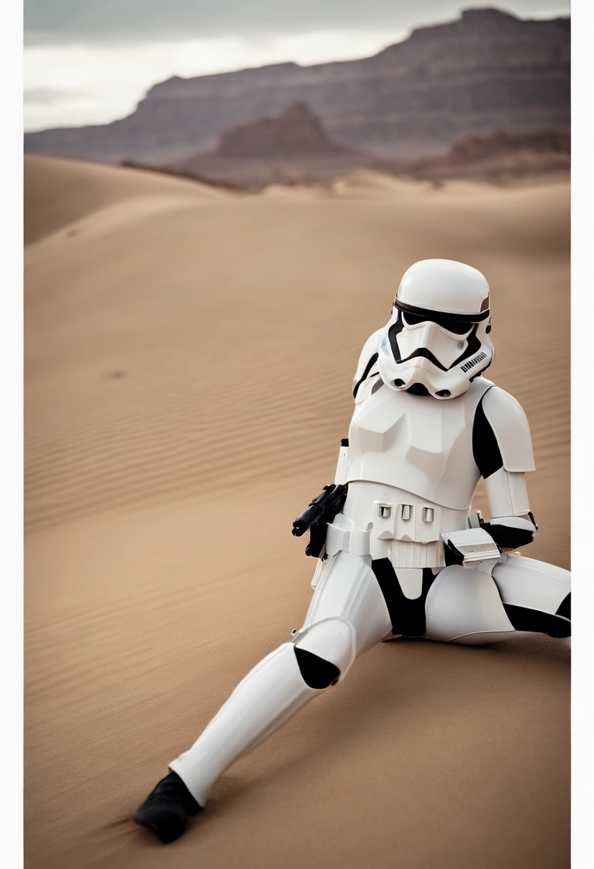 (desert background:1.4), (Star Wars Female Stormtroopers ), ( High Sharpness,Best Quality, Very detailed, masutepiece, Movie Light Effects, 4K ),dynamic pose,NSFW,Large breastserected nipples,cameltoe,spread legs,from below