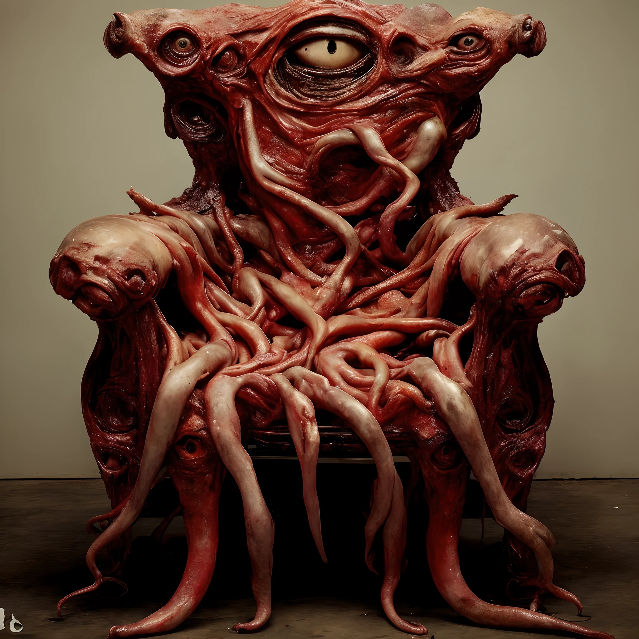 um close up de uma cadeira com um monte de sangue sobre ela, arte surreal de horror, criatura lovecraftiana, Criatura da loucura, assustadora criatura de carne mutante, trono, monstro lovecraftiano, bizarre alien creature, Surrealismo assustador, recipiente, cosmic horror creature, monster cemetery chair, hr giger muscles, no estilo de h r giger