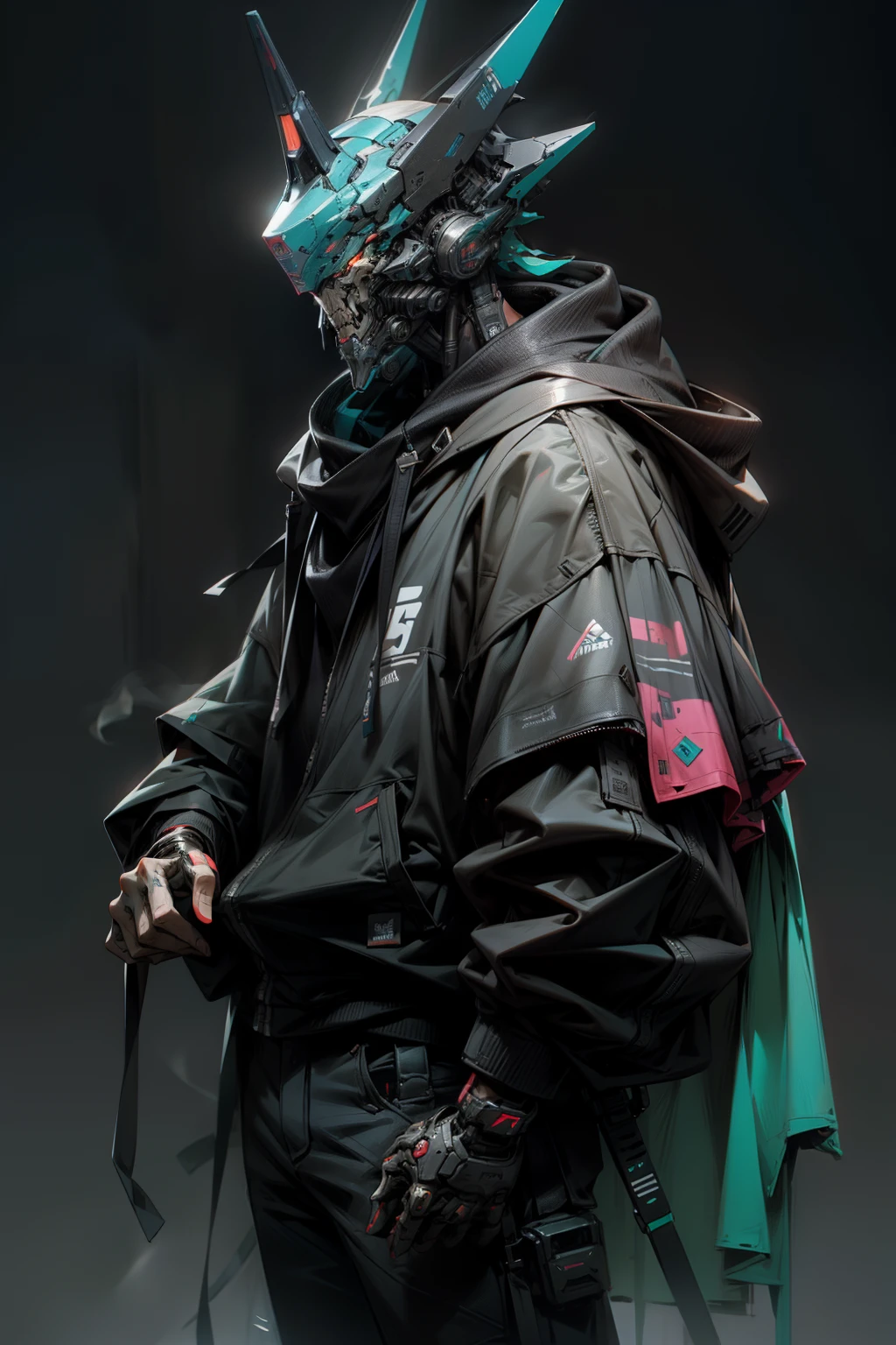 There is a boy wearing a ghost mask and a black hoodie,With a knife in his hand, Hyper-realistic cyberpunk style,Digital cyberpunk anime style,cyan colors