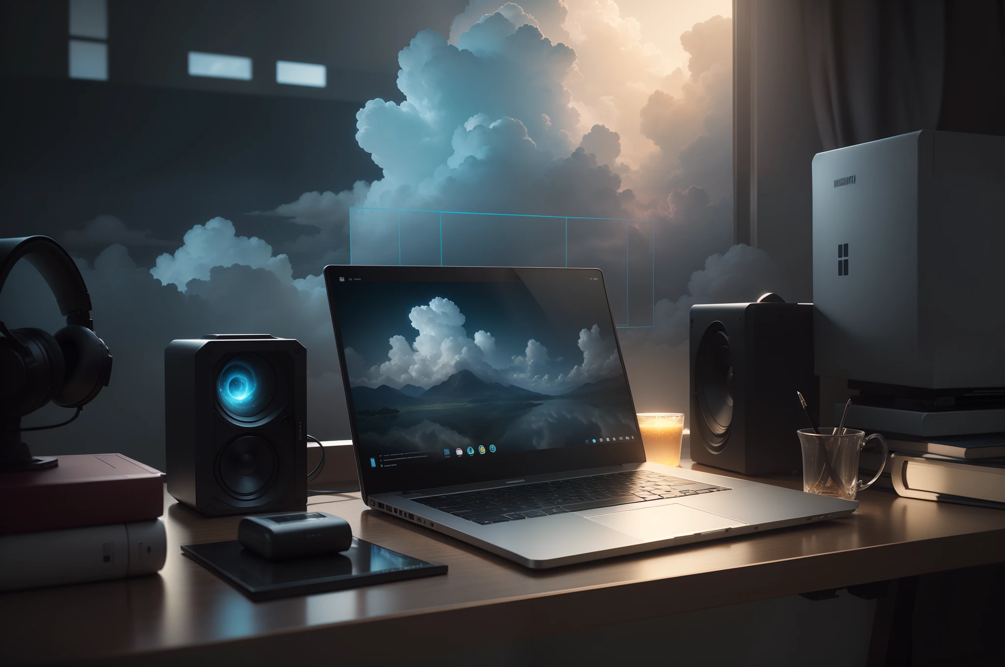 um laptop sobre a mesa com uma nuvem na tela, armazenamento em nuvem, servidor em nuvem, Computador e hologramas, Shutterstock, Clouds on the surface, a computer rendering, em um fundo escuro, Cloud, dispositivos de alta tecnologia, O melhor no Adobe Stock, Tecnologias, Nuvens de volume, photo rendering, nuvens fora das janelas, 3d computer render