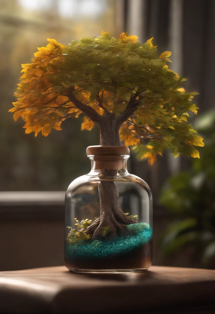 dreamlikeart tree in a bottle, fluffy, realistic, photo, canon, dreamlike, art, colorfull leaves and branches with flowers on top of its head. hyperdetailed photorealism by greg rutkowski - h 1024 w 804 | f 1 6 lens mark 2:2 s 3555 mm film grain :1 lifelike high res sharp focus contrast!! intricate detailed atmospheric light refraction lighting unreal engine 5 cinematic concept photography masterpiece octane render trending at cgsociety rendered as
