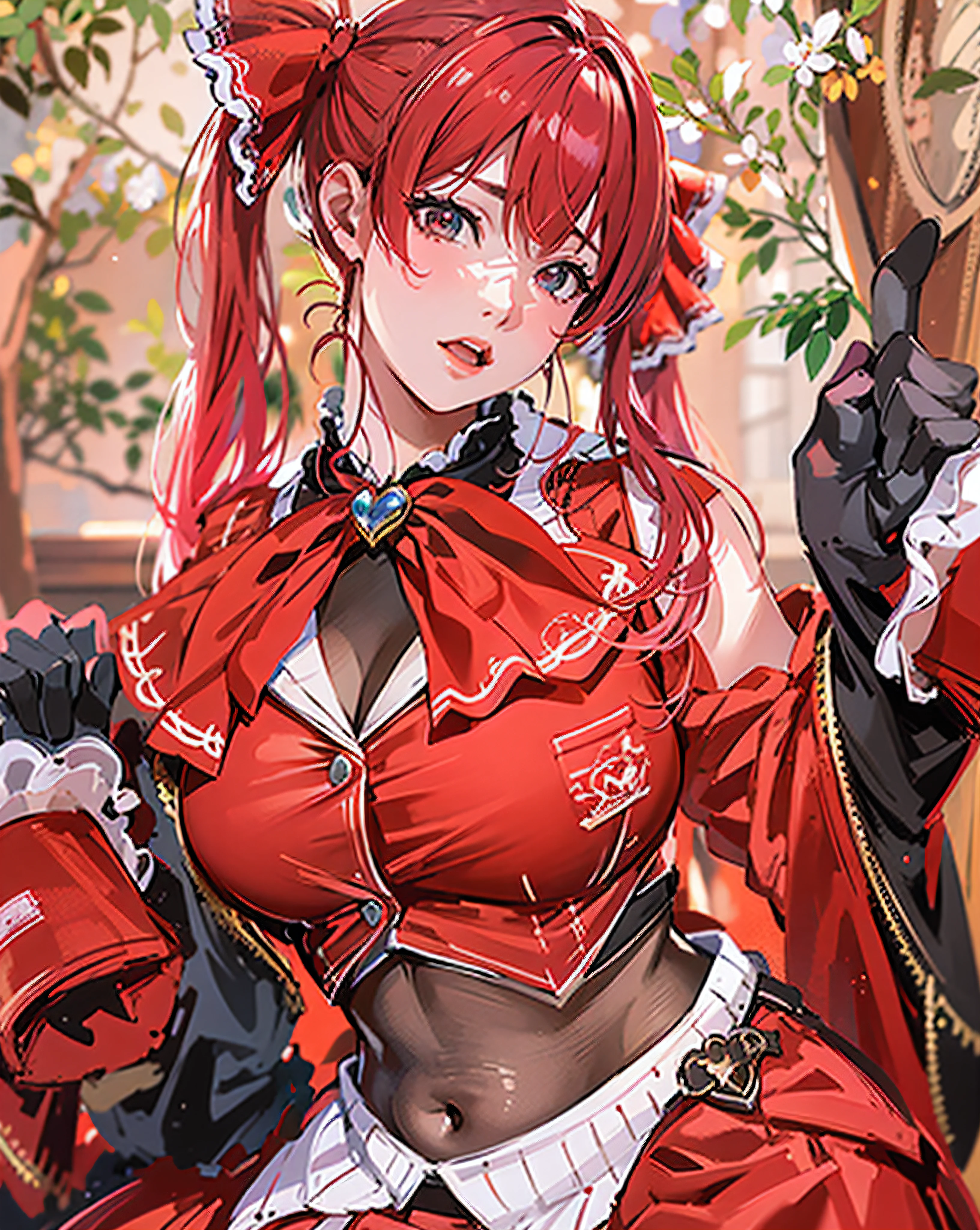 High Frequency: 1.8, background in japanese room detailed, Rich Detail, Masterpiece, 8K, Beautiful Houshou Marine from Hololive, ((extreme detail)),(ultra-detailed), extremely detailed CG unity 8k wallpaper, velvet, figurine, red hood, crop top, star headdress, puffy sleeves, lips, looking away, close-up, head turn, araffe dressed in a red dress and black outfit posing for a picture, anime girl cosplay, anime cosplay, cosplay,vcosplay photo, masterpiece, best quality,8k resolution,realistic,, 1 girl,