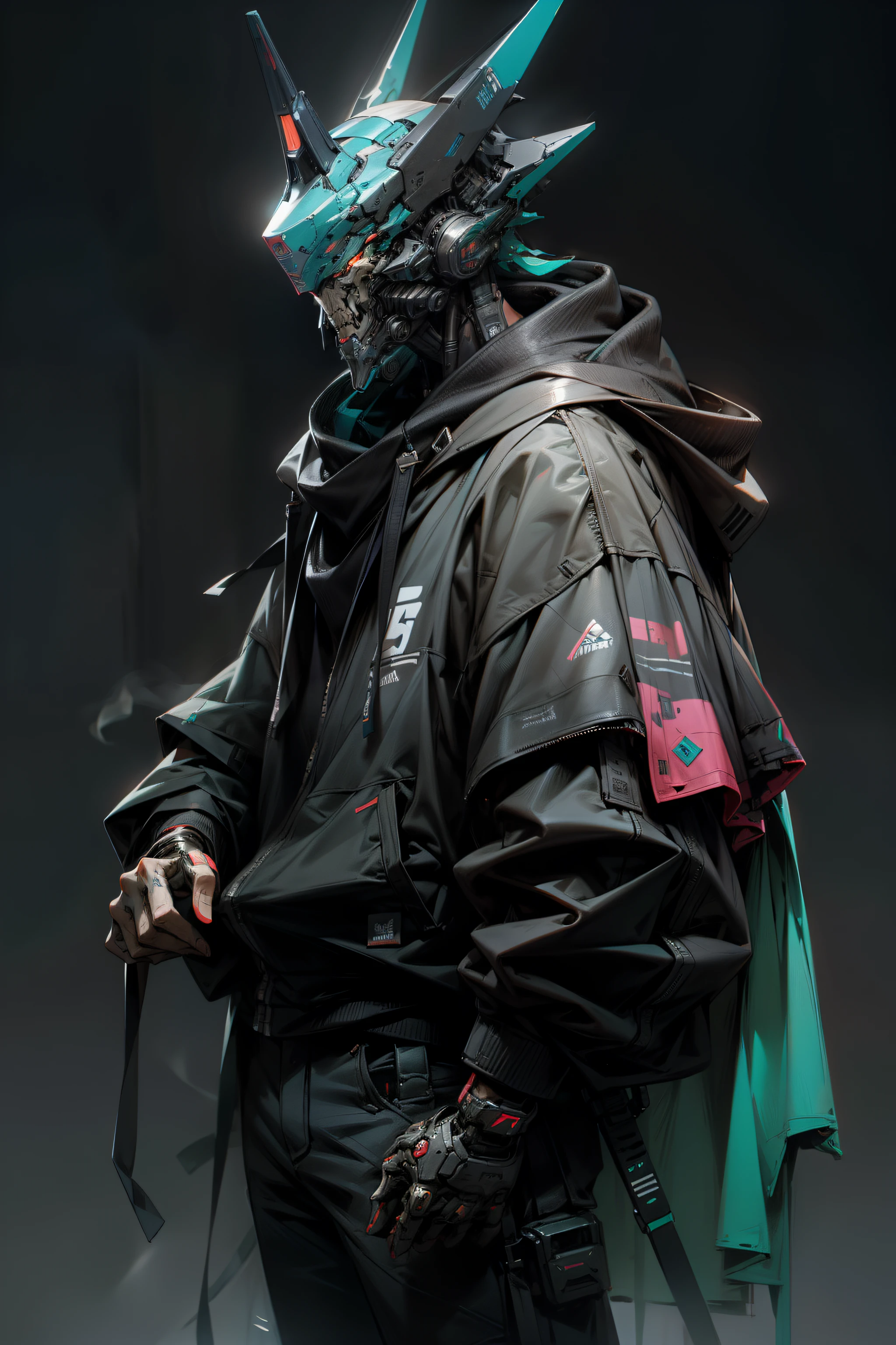 There is a boy wearing a ghost mask and a black hoodie,With a knife in his hand, Hyper-realistic cyberpunk style,Digital cyberpunk anime style,cyan colors