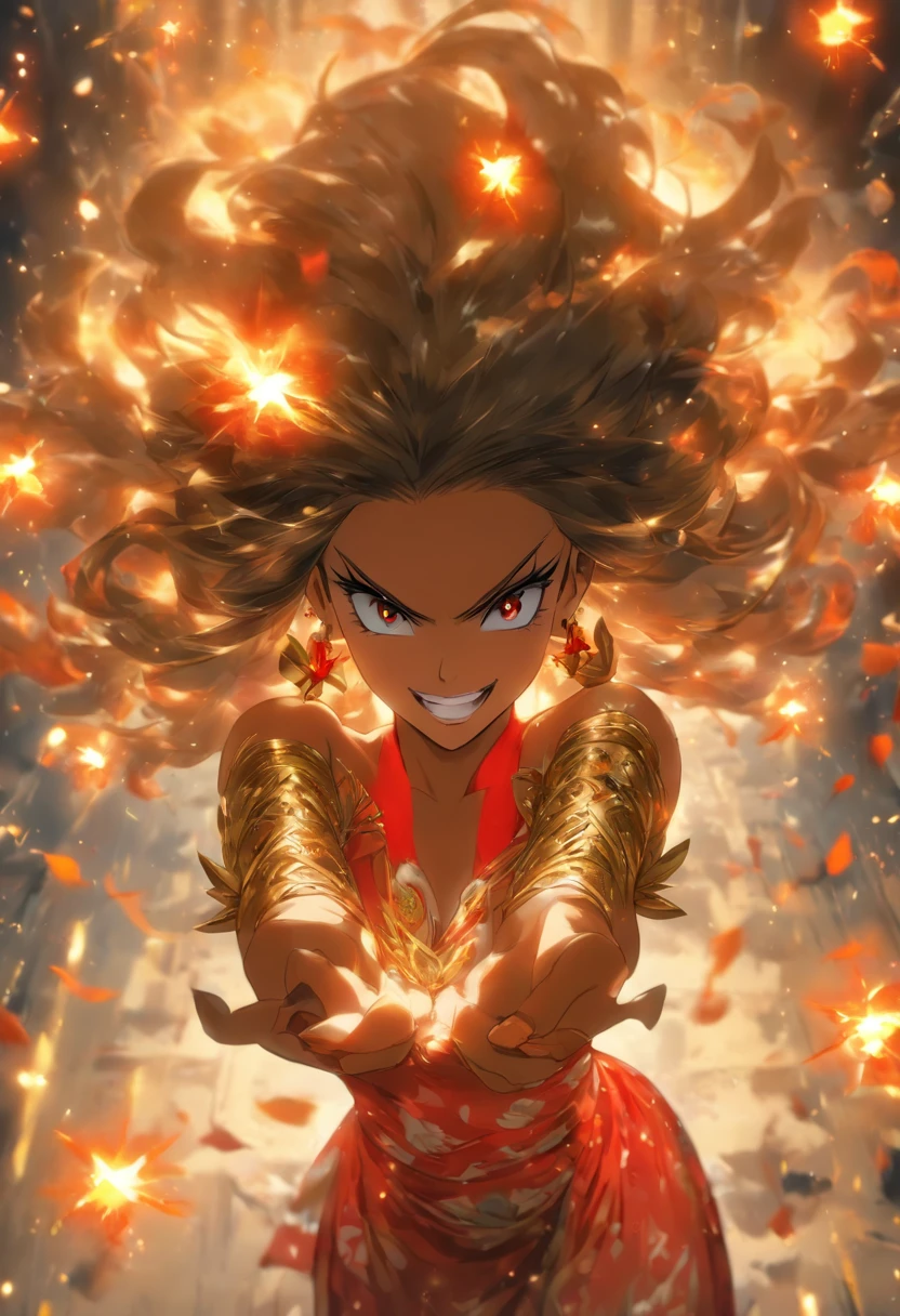 Jorr Brier, Anime style beautiful woman, 1Girl, happy, Smile, red face, closed mouth, Beautiful detailed eyes, super detailed skin, Back lighting, bare shoulder, Black background, Black dress, black gloves, Black hair, pectorals, one-piece, Earrings, fingerless gloves, floating hair, floral print, blossom, glove, gold earrings, gold hairband, hair flower, Hair ornaments, hairband, retention, holding weapon, jewellery, large full breasts, Long hair, looking up at viewer, Off-the-shoulder dresses, off-the-shoulders,Red Eyes, Short hair with long locks, sidelocks, Solo, spikes, thighlet, two-sided dress, two-sided fabric, weapons, fighting stance , face, close-up, from above, Highest Quality, high resolucion.{{{tmasterpiece}}}，
