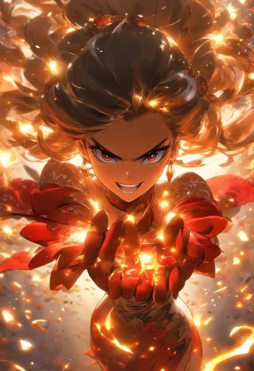 Jorr Brier, Anime style beautiful woman, 1Girl, happy, Smile, red face, closed mouth, Beautiful detailed eyes, super detailed skin, Back lighting, bare shoulder, Black background, Black dress, black gloves, Black hair, pectorals, one-piece, Earrings, fingerless gloves, floating hair, floral print, blossom, glove, gold earrings, gold hairband, hair flower, Hair ornaments, hairband, retention, holding weapon, jewellery, large full breasts, Long hair, looking up at viewer, Off-the-shoulder dresses, off-the-shoulders,Red Eyes, Short hair with long locks, sidelocks, Solo, spikes, thighlet, two-sided dress, two-sided fabric, weapons, fighting stance , face, close-up, from above, Highest Quality, high resolucion.{{{tmasterpiece}}}，