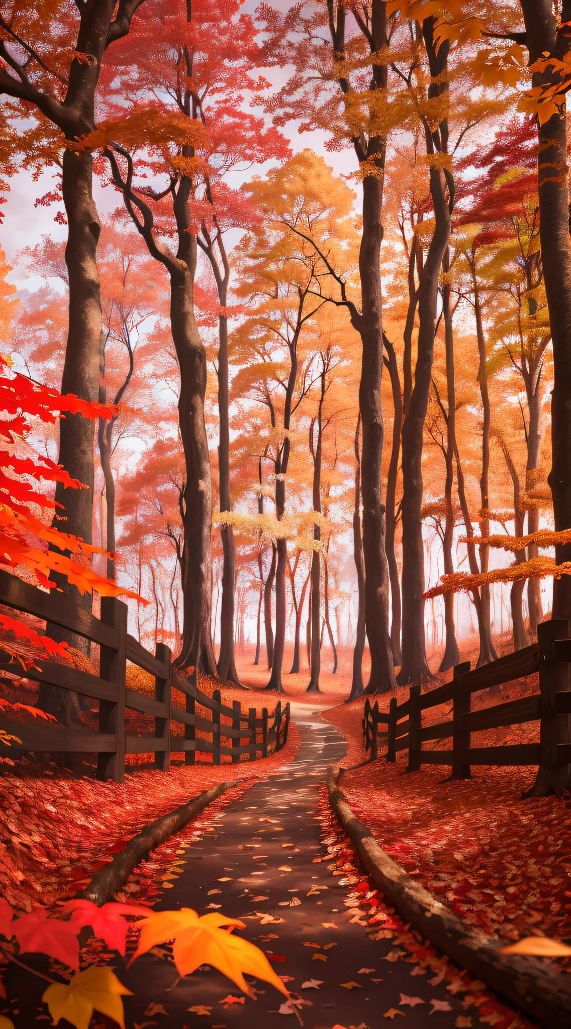 A path with leaves in the woods,There are leaves on the ground, a flaming forest of trees, autumn forest, Red Forest, red trees, in fall, In the autumn forest, colorful autumn trees, burning forest, forest colors, during fall, woods on fire, Colorful trees, Mysterious orange fog, Pink Forest, in fall, Maple trees with autumn leaves
