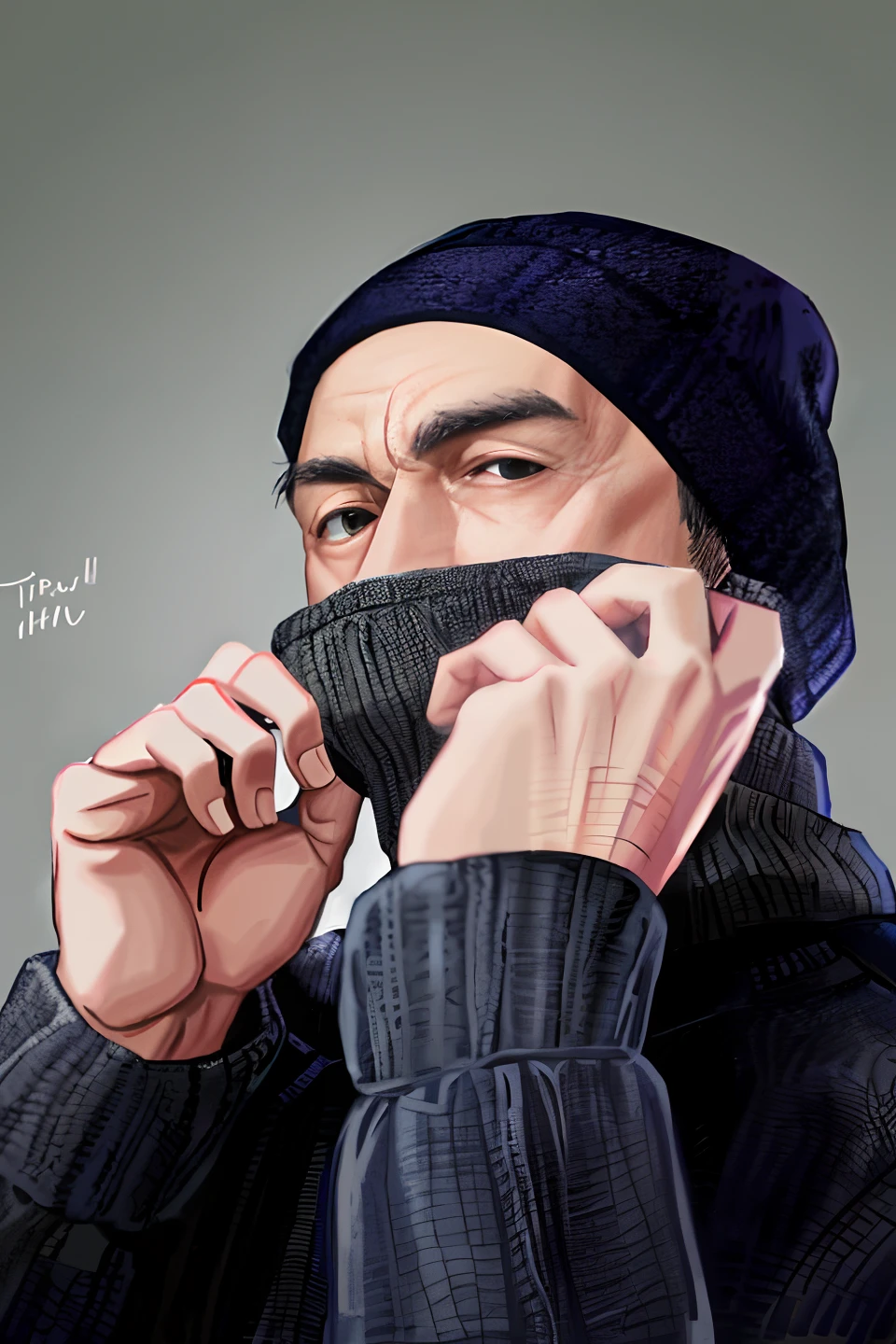 Arafed man in gray sweater and black hat, Man wearing a closed hood, wear a turtleneck, Extreme cold, wearing wool hat, man in his 40s, inspired by Li Tiefu, wearing sweater, wearing beanie, hat covering eyes, Handsome man, asian man, old man doing with mask, Wear a scarf