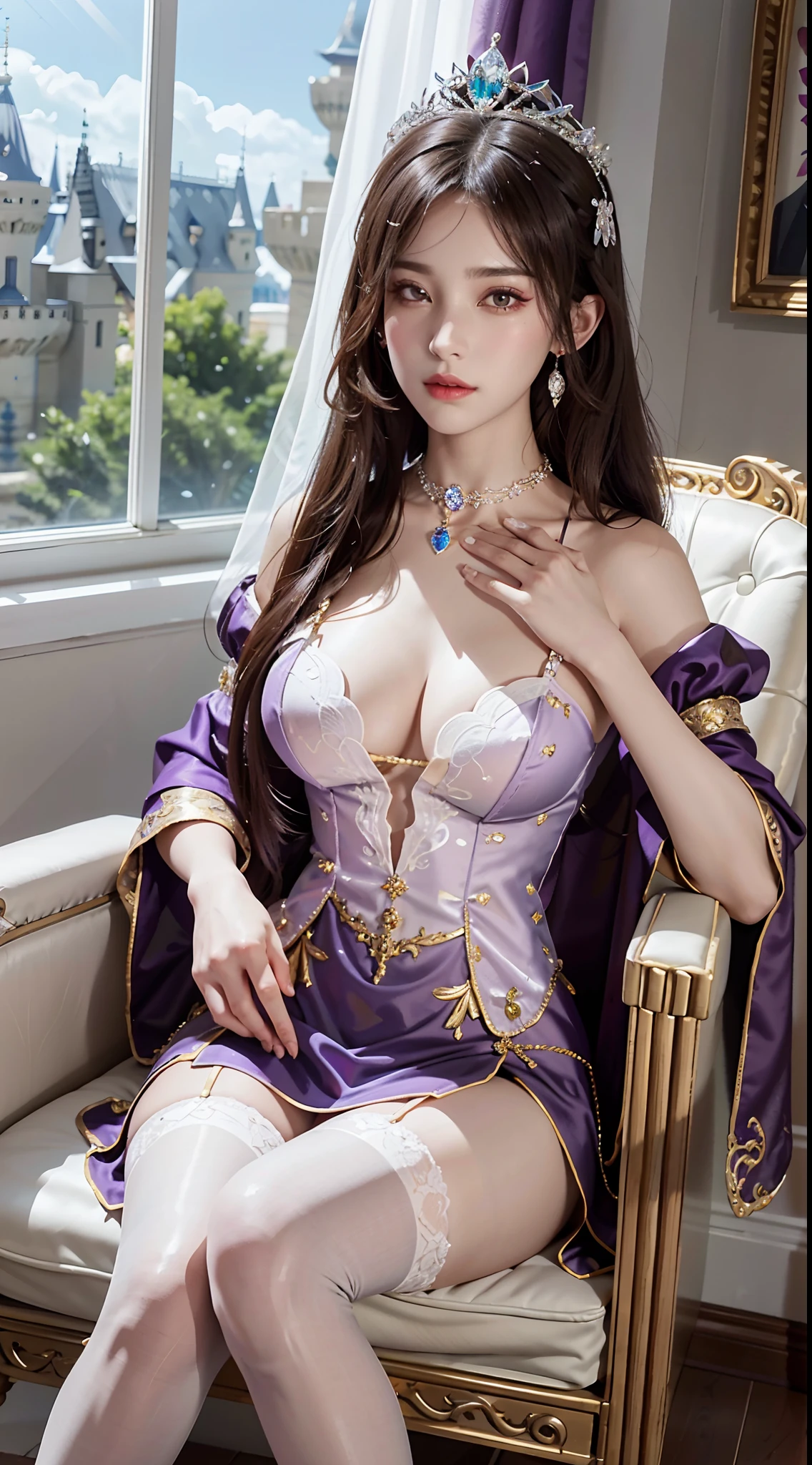 Arapefi, Purple princess dress, seated on a throne, wearing high heels,Place your hands on your chest,Wear a crown,choker necklace,Look from the front,close-up from the front,next to a window, sitting in a castle, Sense of transparency,(oversized boobs,1.5),Expose cleavage,Turn around and look at the camera,tmasterpiece,Flawless,Sense of transparency,Empty inspiration,More details and decoration,Exposing thighs,8K,(Wear decorations such as rings,1.9),White-colored skin,Ornate ornament,White waist stockings,one-girl,(Dissection is correct,PremiumQuality, high detal, Masterpiece)