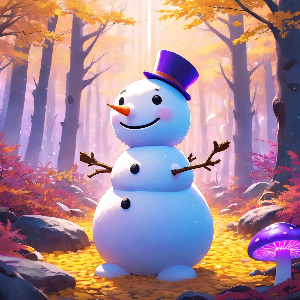 Realistic snowman in 3D photo. Detailed purple and yellow leaves. alien landscape, Mushrooms that glow blue. Hidden Chinese Dragon,A mysterious technology deep in the forest