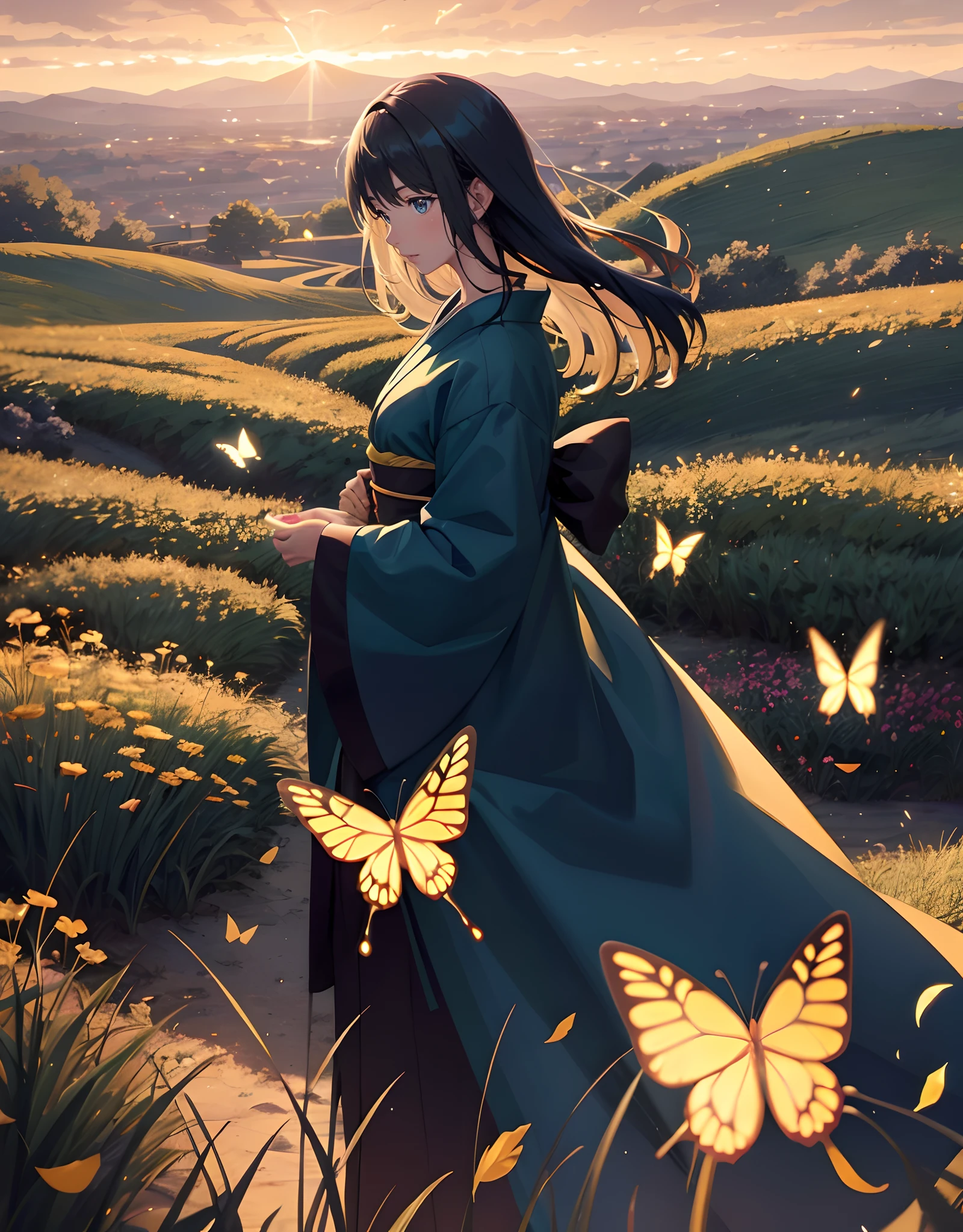 Landscape, Anime landscape field of glow flowers and lots of glow butterfly flying around in the standing back japanese girl with yukata, butterfy, lots of glow butterflies, fireflies, very many lots of fireflies, makoto shinkai, kimi no nawa meteor, anime art wallpaper 4k, Top quality masterpiece, deep focus, macro shot, fliying fireflies, lots lamp, falling leaf, falling leaf is a smooth glow light, glow, anime, object, girl (girl walking a long masterpiece) (long object), color combination masterpiece, glow light, dark morning, reflection, beautiful anime scene, japanese concept landscape art, volumetric lighting, bokeh, anime beautiful peace scene, many lots of fliying butterfly glow, pure lanscape, 4k beautiful anime, intricate, elegant, point of interest photography, perfect dark morning landscape anime (masterpiece, side glow lighting, finely detailed beautiful clear dark lanscape), long hair, lots of hair, ray of light, rule of third photography, point of interest photography, perfect landscape color tone, leaf, falling leaf, Fog, saturation glow light, solid sky, wonderful composition