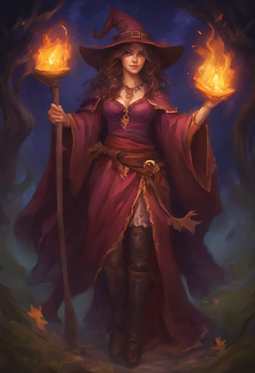 Make an illustration of a witch, era colinial, idade das trevas, simbolos lunares, anoitecer, HD, realista