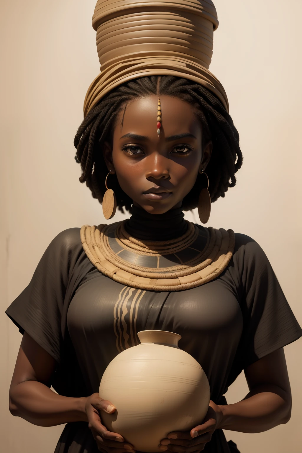 a charcoal drawing of a traditional African woman carrying pottery on her heads