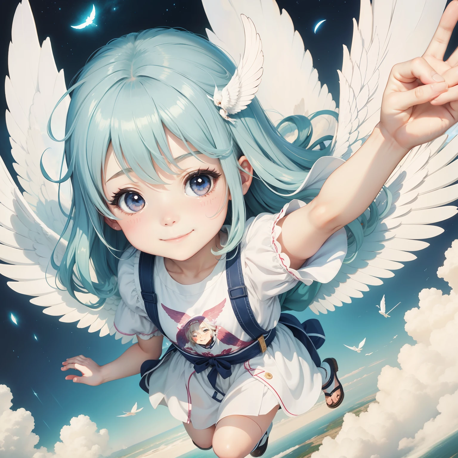 Anime Face、 angel flies in the sky、With smiling eyes、one white winged