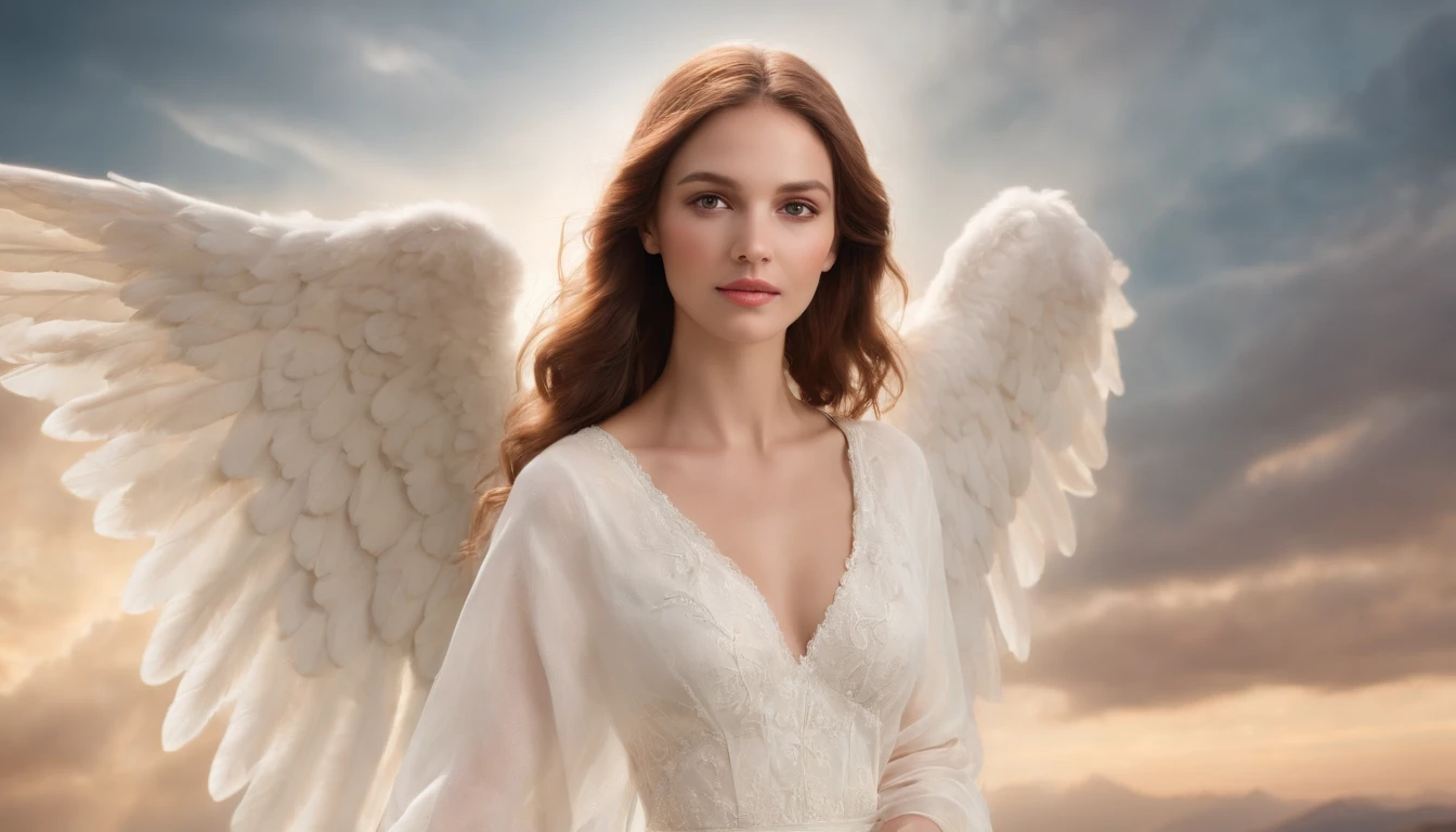 Absurd, very high resolution, super detailed, Depicting a beautiful woman from talking to camera to camera (((an angel with big wings))), extremely beautiful with perfect eyes, ears, mouth and beautiful hair, (((show full body ))), show the effects of changing soft lighting, intimate moments, and feelings of joy, Create stunning images of an angelic transformation with long exposures that capture the beauty and movement of celestial bodies, (((background: clouds)) ), characterized by moonlight, a night with many stars, and a non-vibrant atmosphere. capturing the original appeal of primitive art, bold, simplified forms, intense colors, emphasizing raw emotions and instincts, the biblical stories, bible, guardian angels