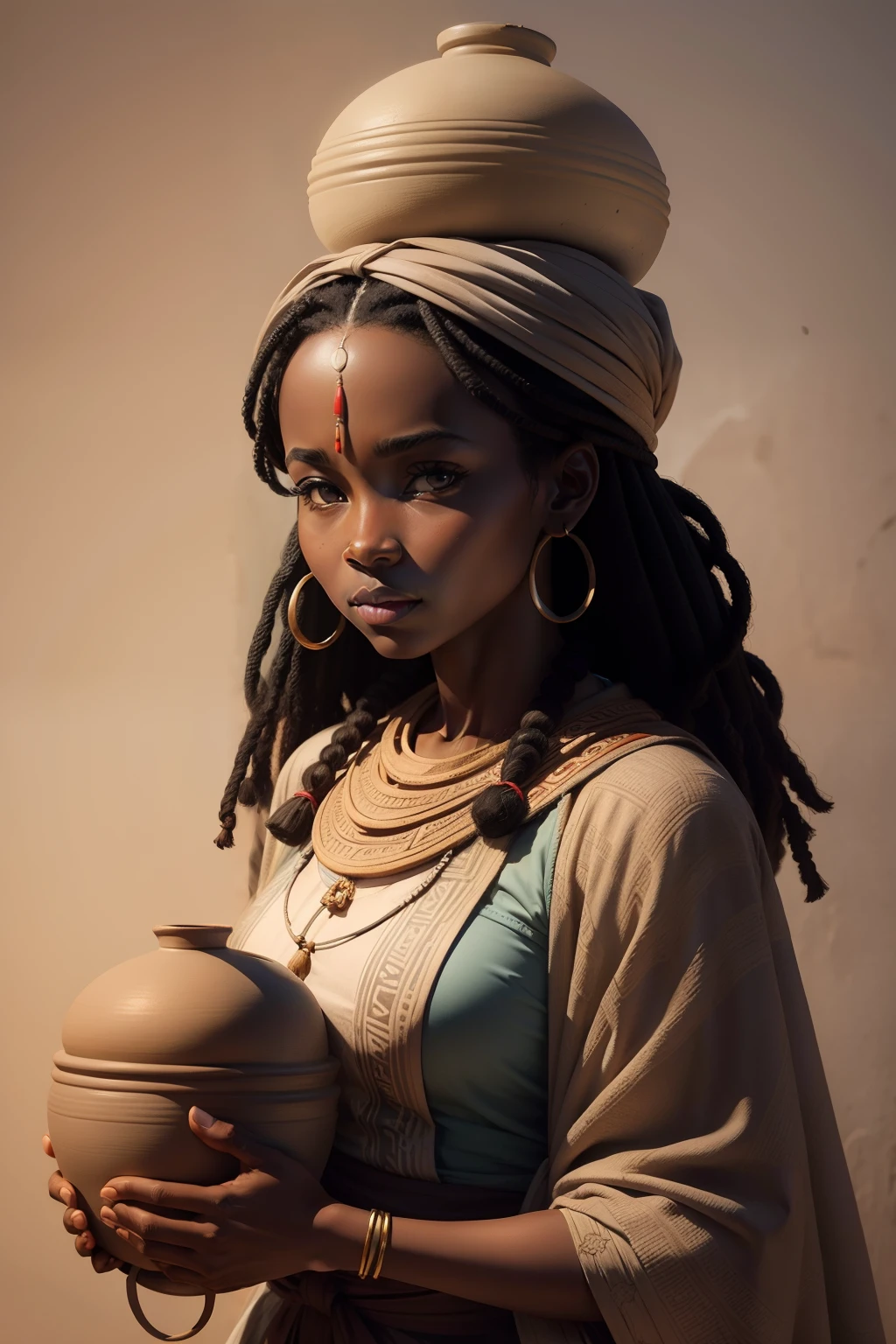 a charcoal drawing of a traditional African woman carrying pottery on her heads
