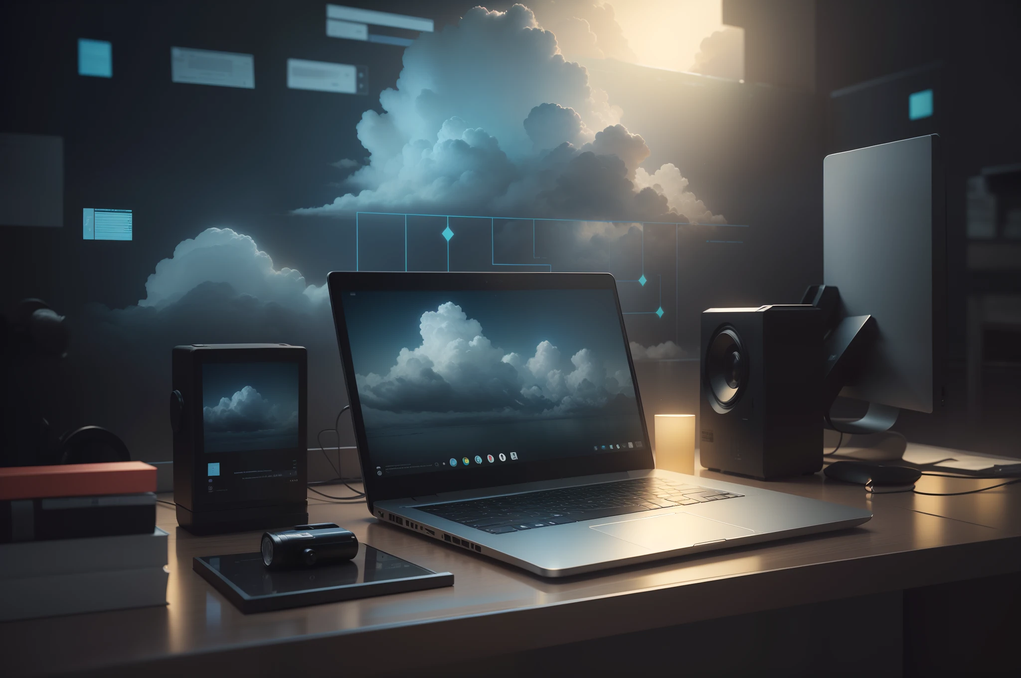 There are three laptops sitting at a desk with a cloud on the screen, armazenamento em nuvem, servidor em nuvem, Computadores e hologramas, Shutterstock, Clouds on the surface, a computer rendering, em um fundo escuro, Cloud, dispositivos de alta tecnologia, O melhor no Adobe Stock, Tecnologias, Nuvens de volume, photo rendering, nuvens fora das janelas, 3d computer render