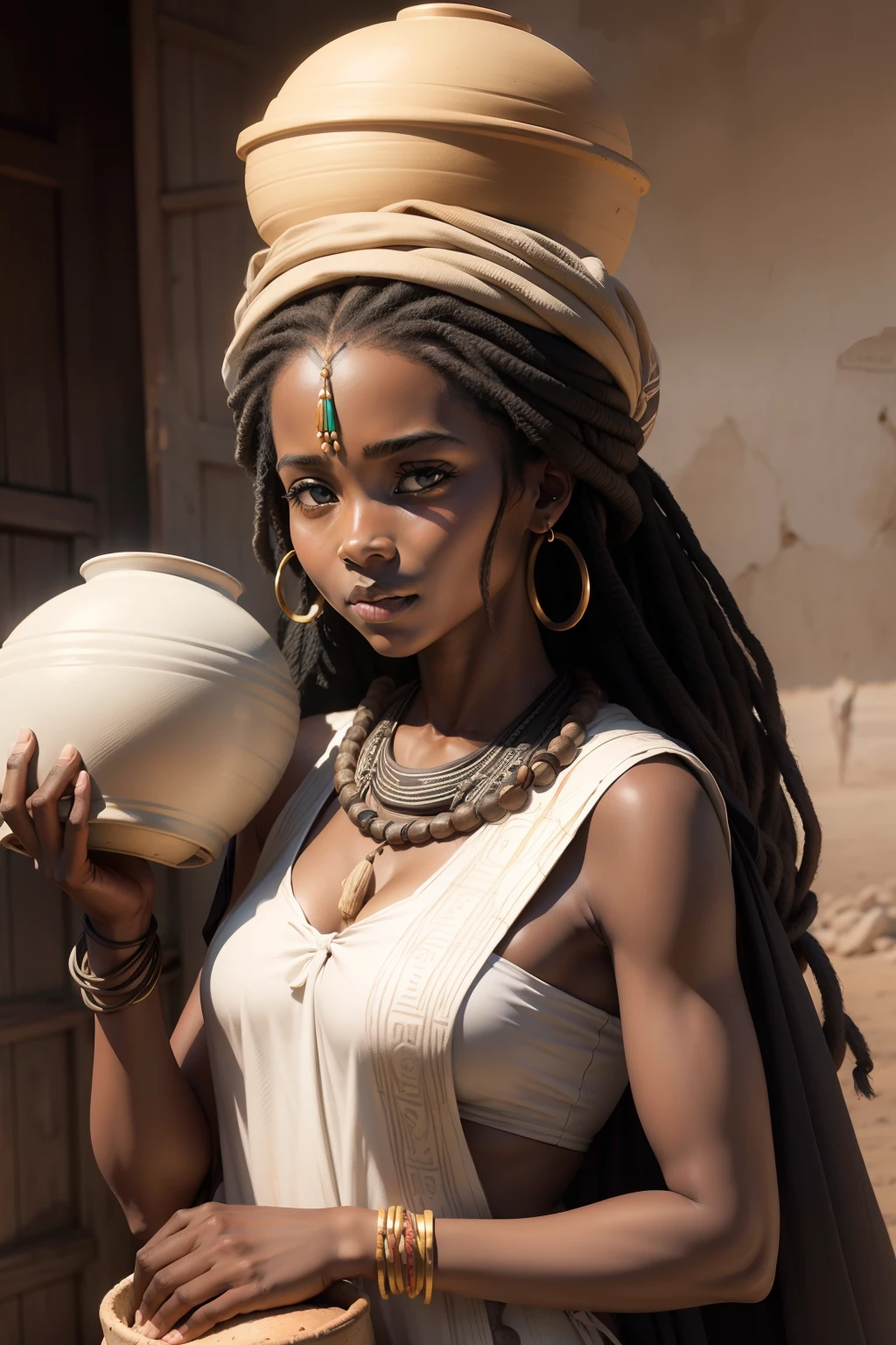 a charcoal drawing of a traditional African woman carrying pottery on her heads