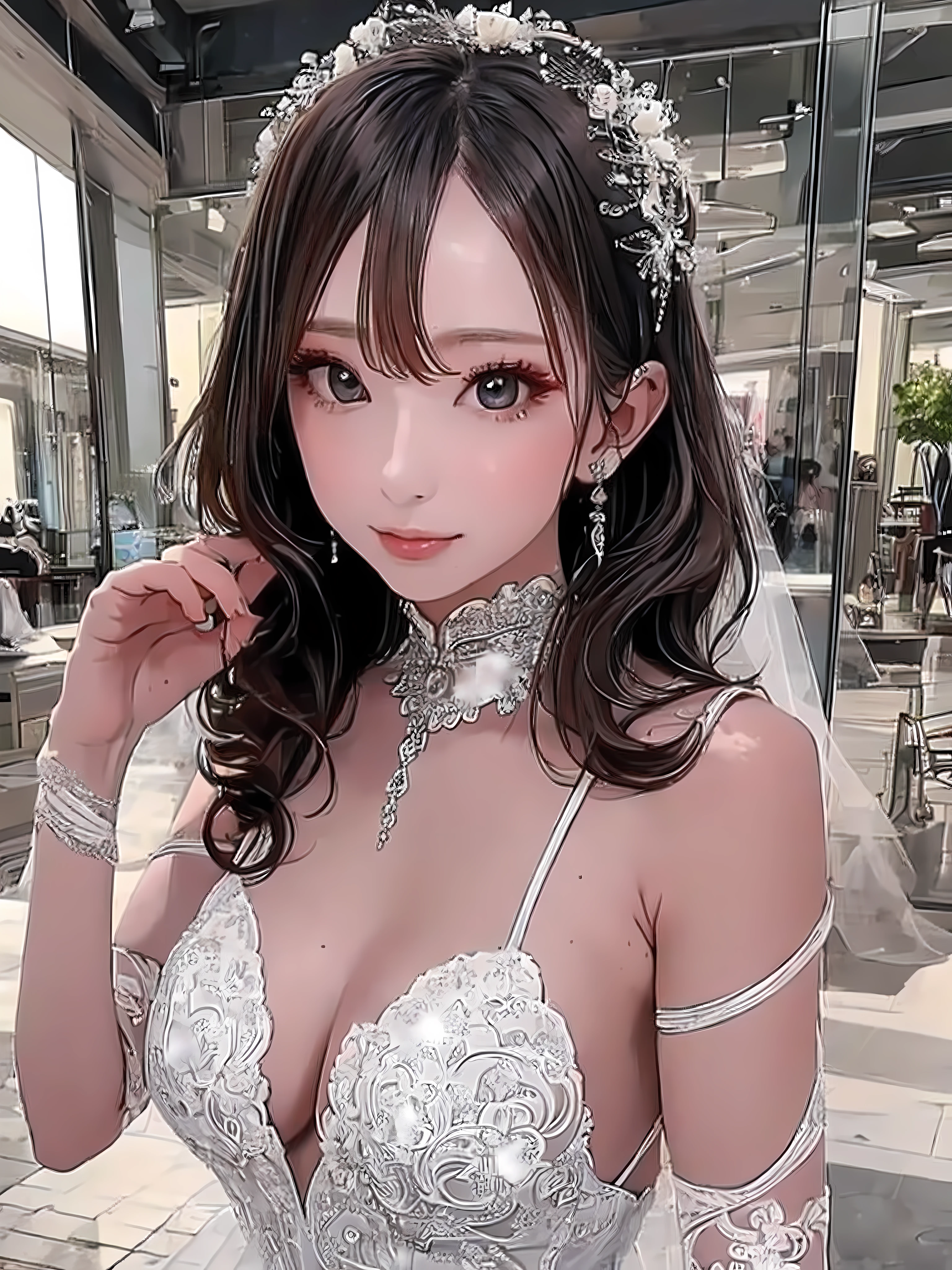 (Best Quality:1.2), (Beautiful detailed:1.2),(Detailed eyes and skin), (detailed facial features), nffsw, Perfect Style, Beautiful face, Anatomically correct, Highly detailed face and skin texture, Glossy skin, Ayana_2nd, BREAK (1girl:1.3), (solo), (random hairstyle), (supermodel:1.2), Perfect Eyes, Symmetry Eyes, (dramatic makeup: 1.3), (Heavy makeup: 1.3), (wedding dress:1.3), (perfect hand:1.2), (mall hand:1.2), Beautiful thighs, BREAK (full body:1.6), (Black eyes:1.1), Fantastic and Wedding Venues, lively, ultra detailed background, (Wedding Venues:1.3),