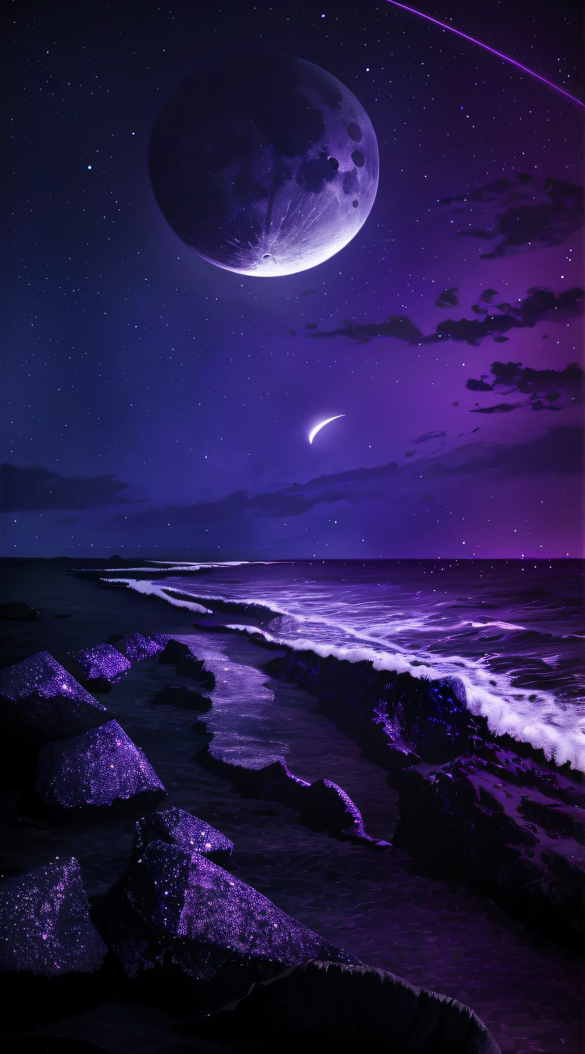 Purple and black photo of the beach with the moon and comet, purplish space in background, Purple sky in moonlight, moonlit night dreamy atmosphere, Purple bioluminescence, background artwork, the night sky is a sea, Magnificent background, nighttime scene, amazing wallpapers, night sea, violet sky, Purple sky, dreamy night, Moonlight background