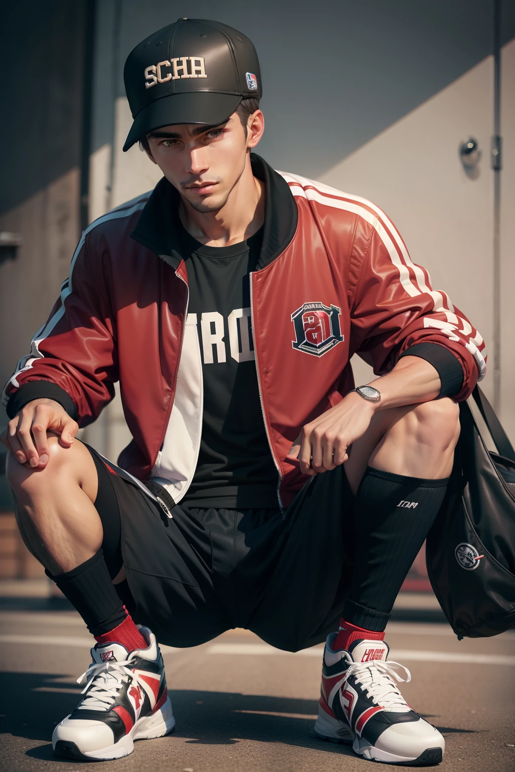 Men's sportswear includes: jacket, letterman, jersey, basketball shoes, fitted cap-,