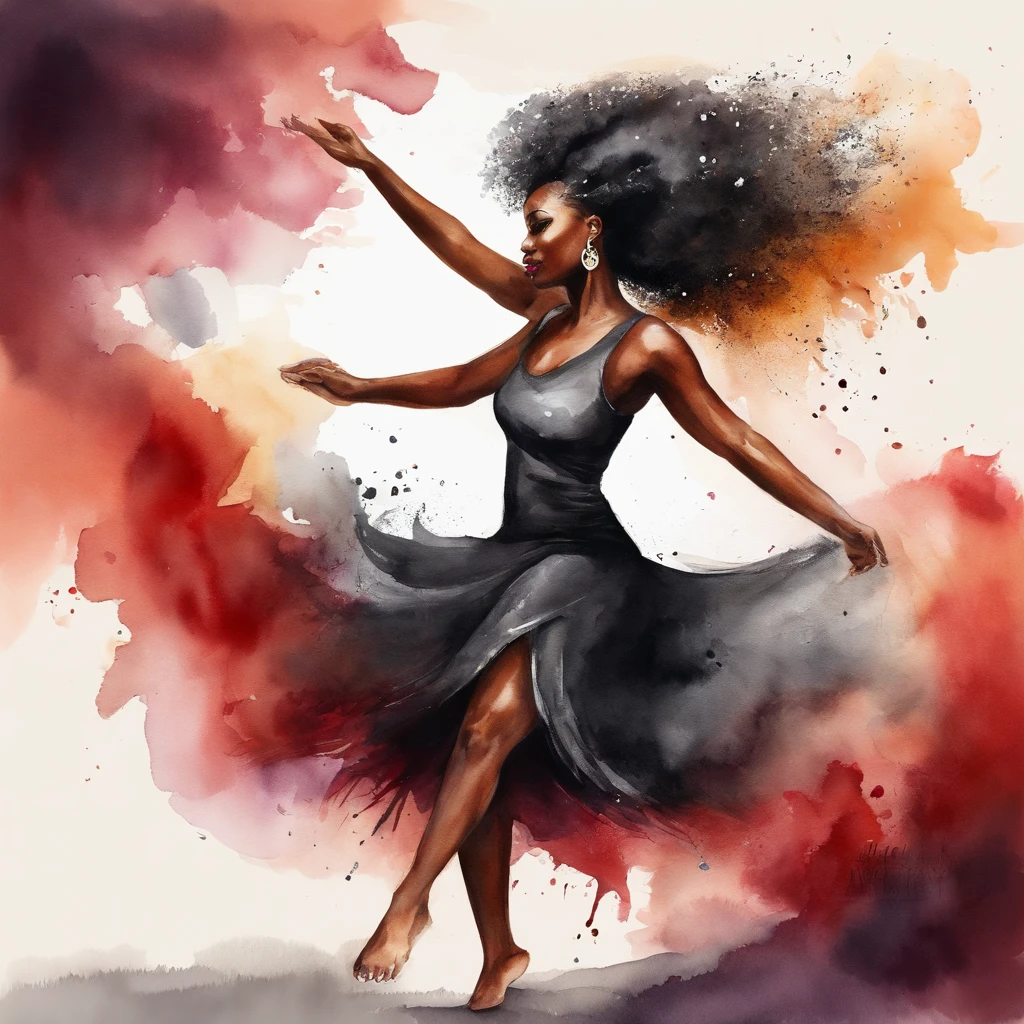 Black woman dancing with long, cabelo ondulado vestindo uma saia branca longa rodada e uma regata vermelha