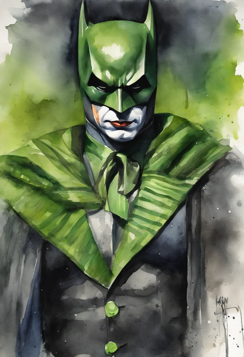 uma so figura mas Metade Batman com seu traje de luta e a metade joker com seu terno verde e cabelo verde. hiperealismo