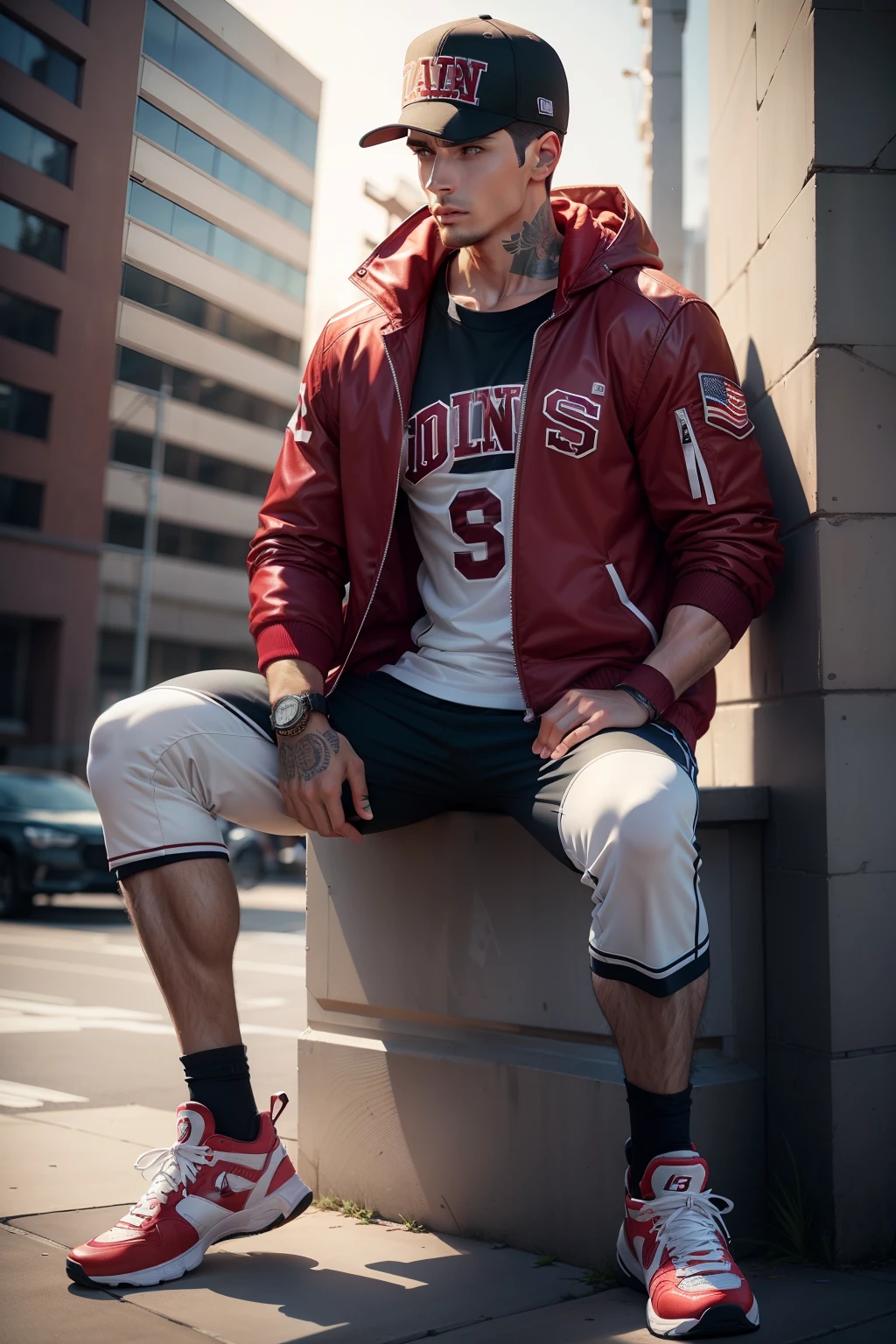Men's sportswear includes: jacket, letterman, jersey, basketball shoes, fitted cap-,
