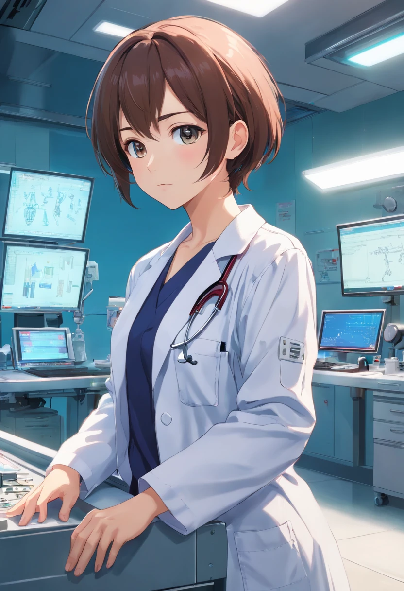 (8K、top-quality、​masterpiece:1.2)、(reallistic、Photorealsitic:1.37)、The ultra-detailliert、superrealism、tre anatomically correct、Female doctor working with female robot、Mechanical fuselage、hospitals、Operating table、surgery、Female doctor in white coat、Bloods、heart mark、viscera