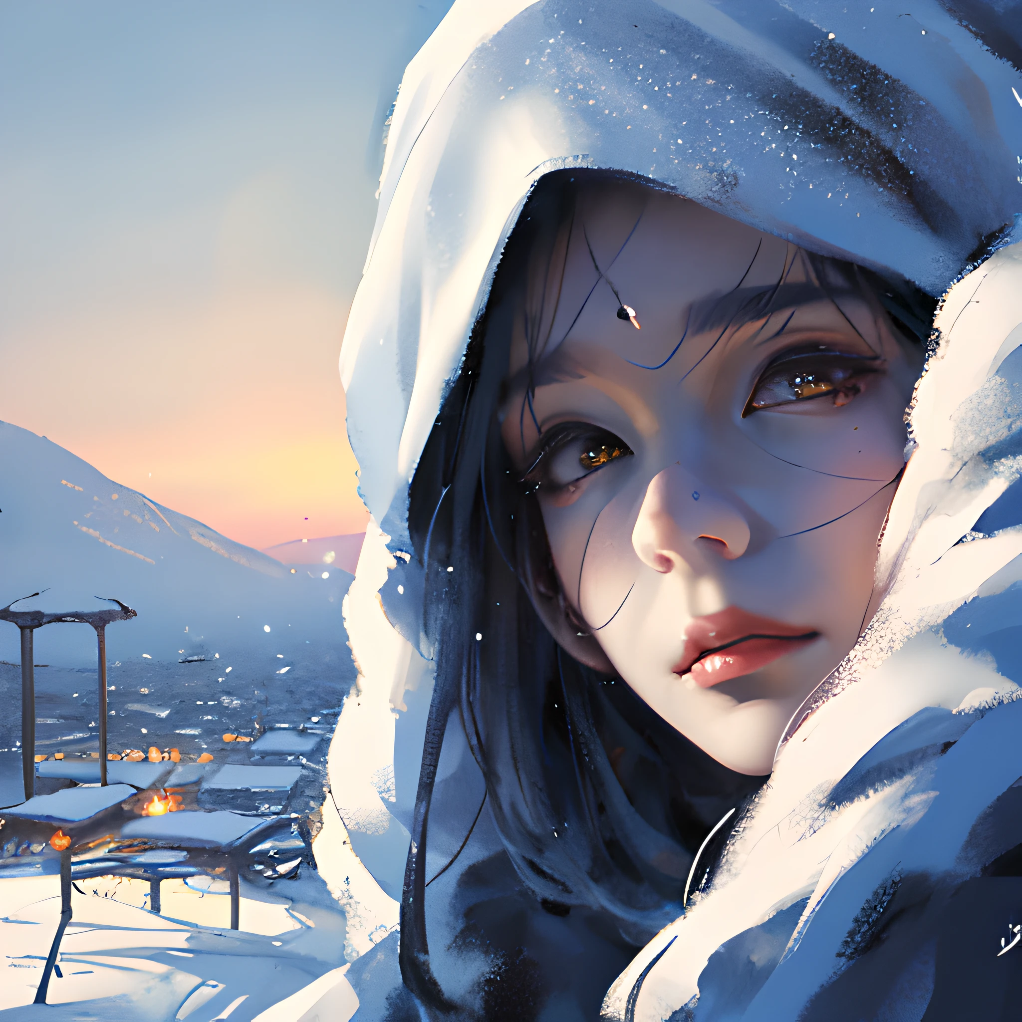 wlop,dalcefo,realistic,painting,fine detailed face,((winter)), cinematic light,