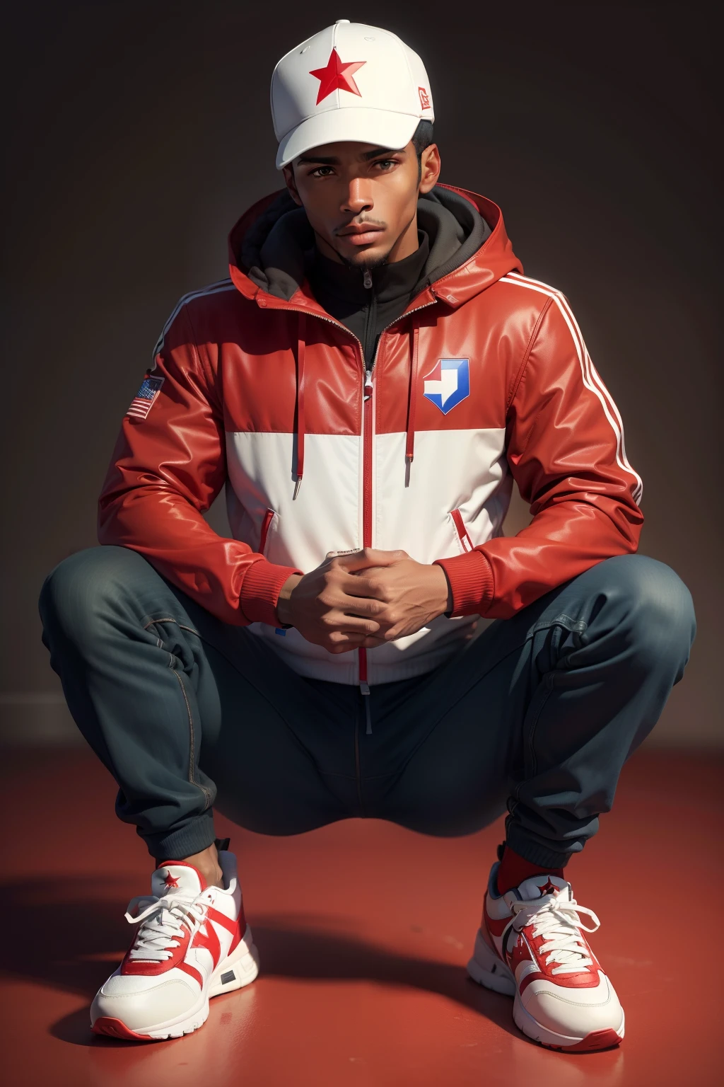 -Men's sportswear includes coat and sneakers and cap with the colors of the red Cape Verde flag, amarelo, branco, according to brand logos, cv , pintado com ,10 stars in the center
