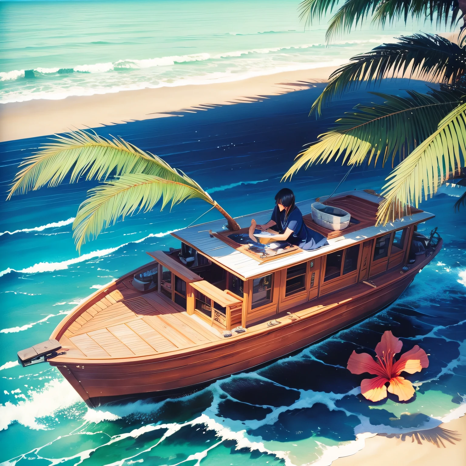 Hoshino Cole、nigh sky、sea side、The corals、mermaids、watercolor paiting、Bottleship、Palm trees、hibiscus